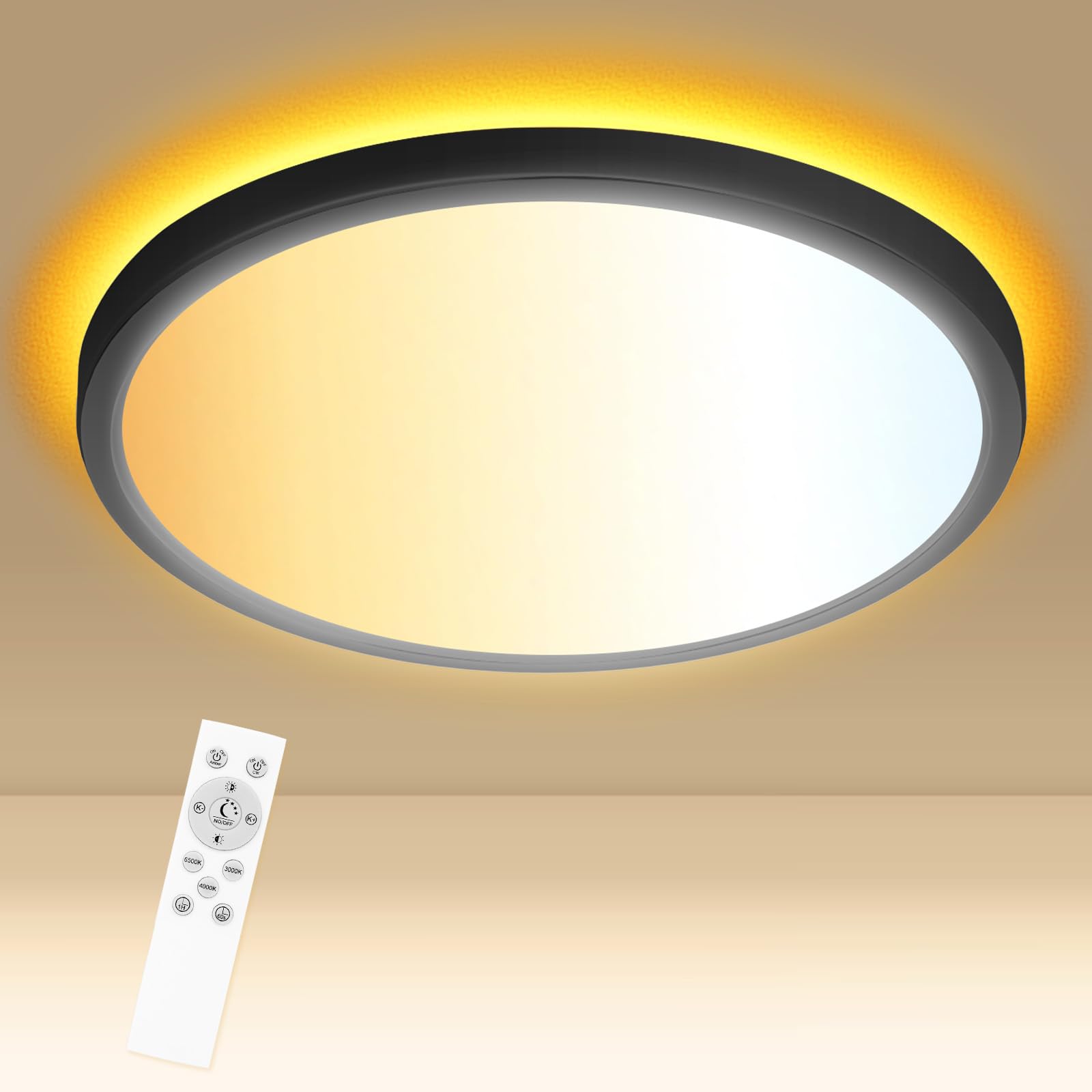 Libtit 12 Inch Black Led Ceiling Light With Night Light 1800K, 3000K/4000K/6500K Dimmable Flush Mount Ceiling Lamp With Remote C