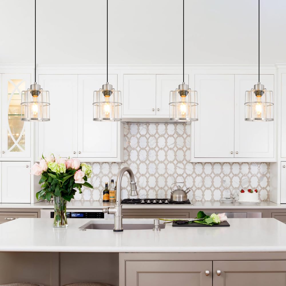 Brushed Nickel Pendant Lights Kitchen Island, Clear Glass Shade Hanging Lamp, Modern Farmhouse Pendant Light Fixtures With Adjus