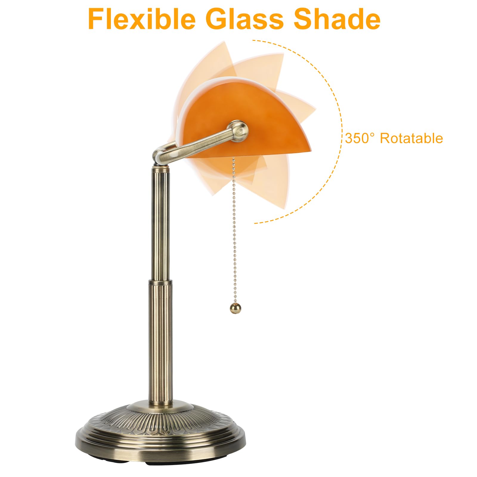LINNMON Amber Retro Bankers Desk Lamp, Vintage Iron Lamp with Pull Chain Switch, Model LT248800, Brass+Amber Color