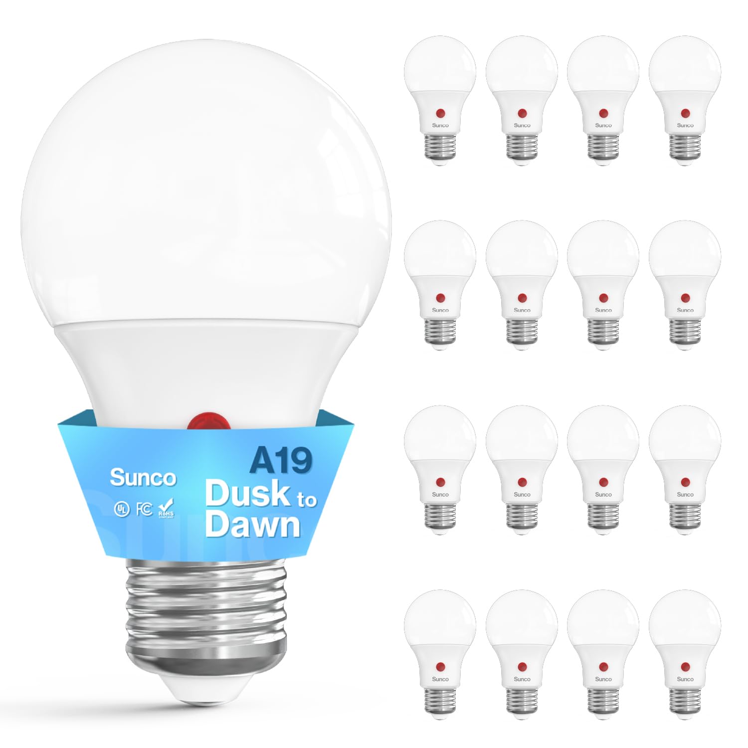 Sunco 16 Pack Dusk to Dawn LED Outdoor Light Bulb A19, Photocell Automatic for Exterior Lighting, 800 LM, 9W (60W Eqv.), 4000K C