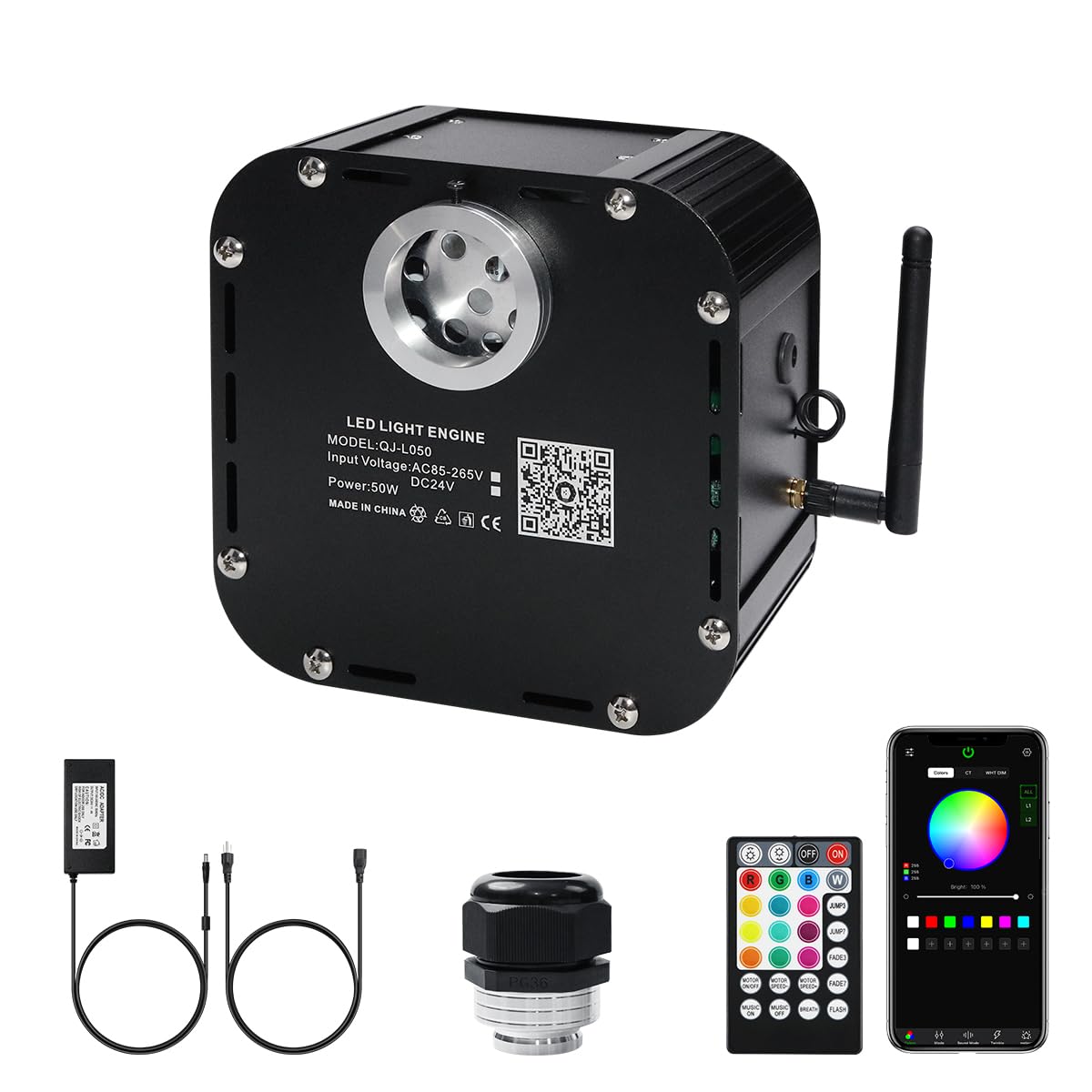 AMKI High Brightness 50W Twinkle Sound Mode RGBW Light Source Engine Driver Remote/APP Control Starlight Box Motor for Fiber Opt