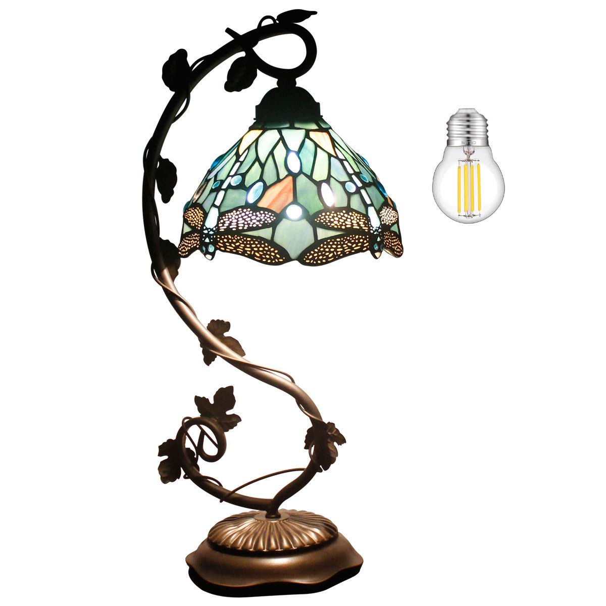 WERFACTORY Tiffany Table Lamp, Sea Blue Dragonfly, Metal Leaf Base, 8x10x21 Inches, Small Space Bedside Light