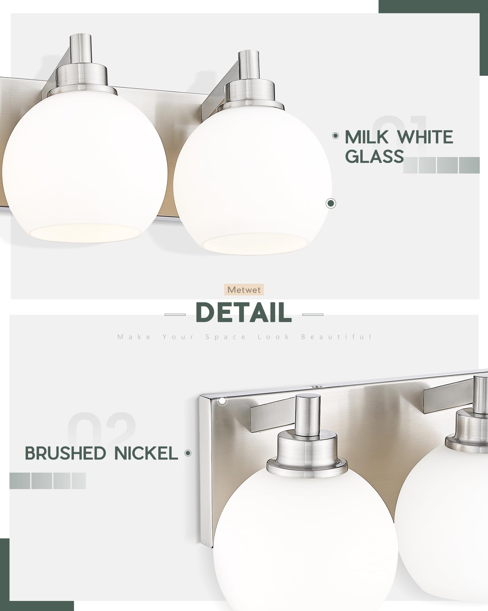 Metwet Bathroom Light Fixtures, 4 Light Brushed Nickel Vanity Light, 26 Inch Modern Wall Sconces With Globe Milk White Glass Sha
