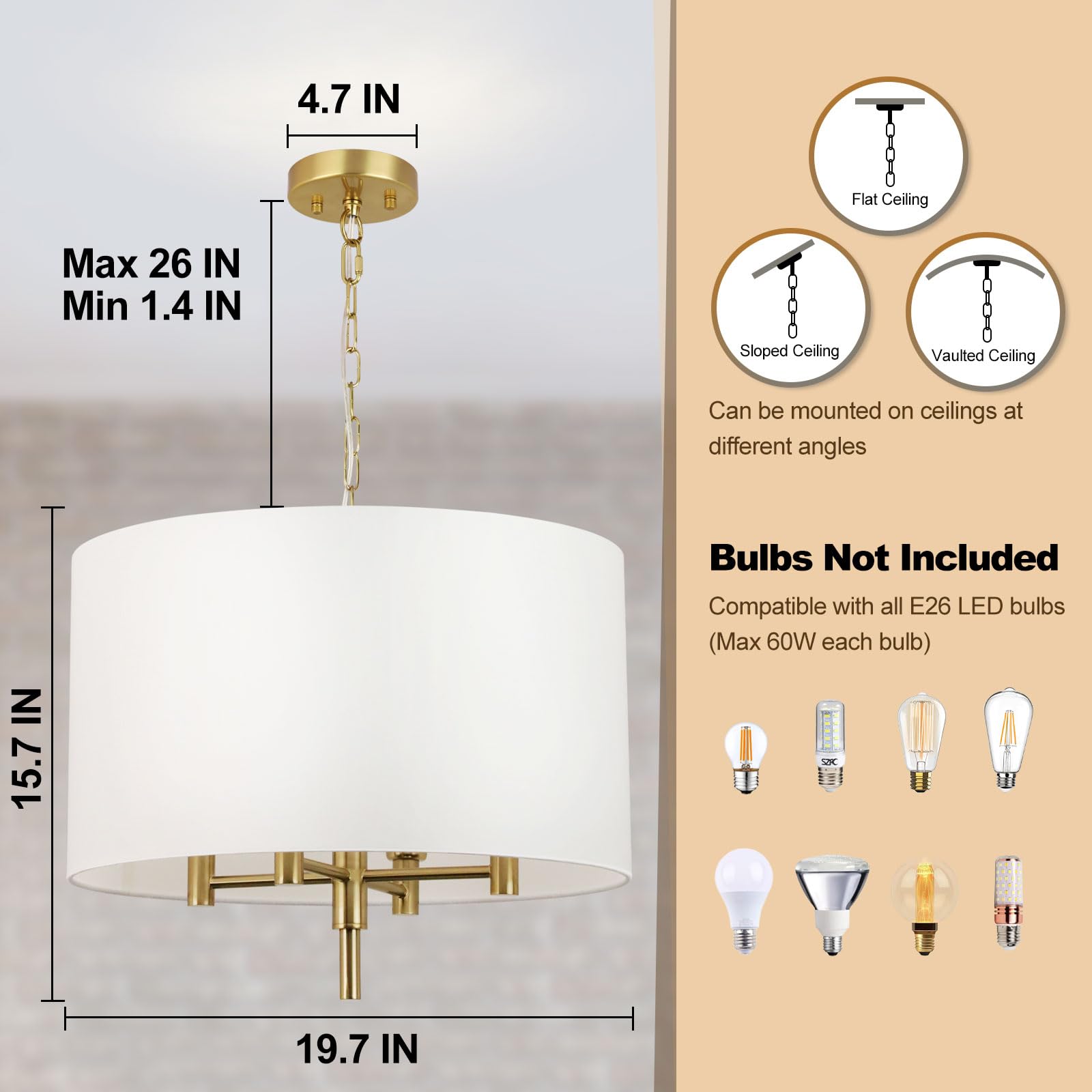 DLLT 4-Light Drum Chandeliers, 20 Modern Dining Room Pendant Chandelier, Adjustable Golden Chandelier with Beige Fabric Shade, E