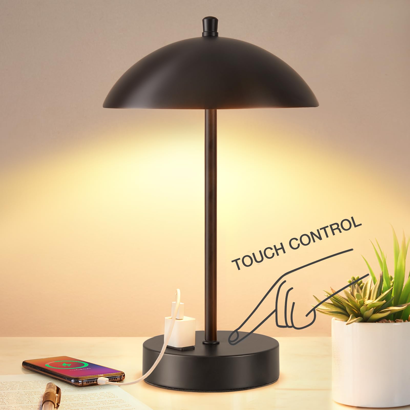 Modern LED Desk Lamp with AC Adapter, 12'' 3-Way Dimmable Touch Bedside Reading Lamp, Minimalist Black Small Nightstand Table La