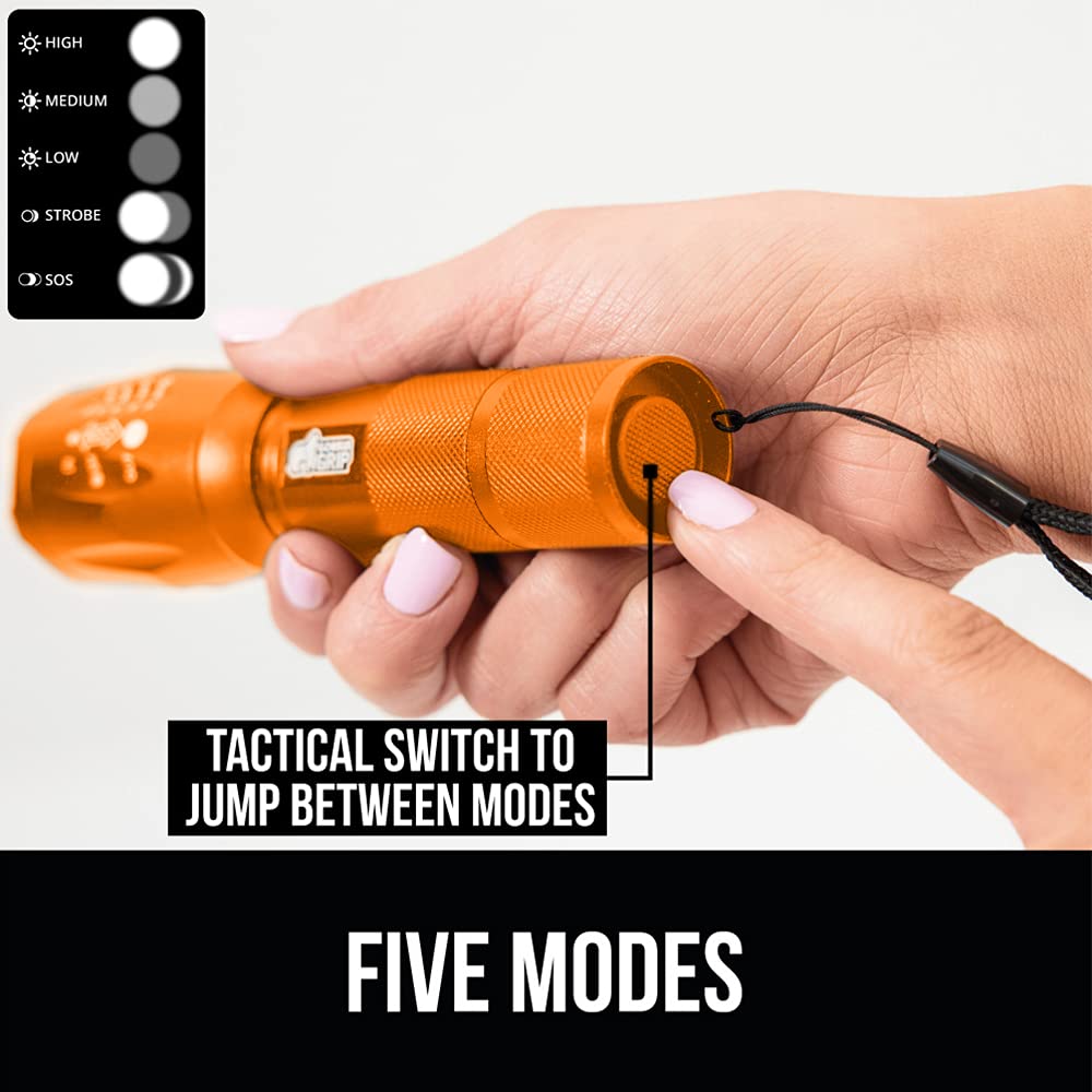 Gorilla Grip LED Tactical Flashlight 2 Pack - 750 FT Zoom, 5 Modes, Water Resistant, Orange