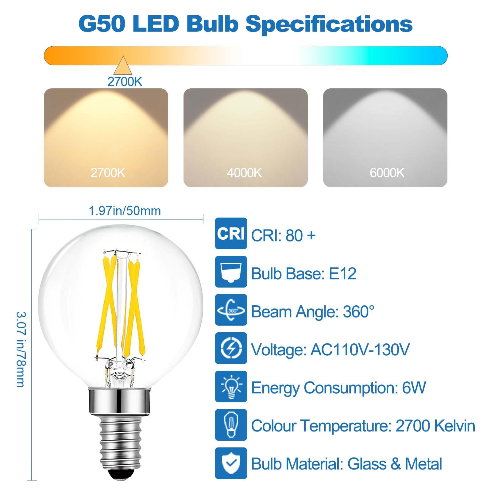 Langplus+ E12 Led Bulb Dimmable G16.5 6W Equal 60W 110V-130V Chandelier Light Bulbs Warm White 2700K Globe Light Bulbs For Ceili