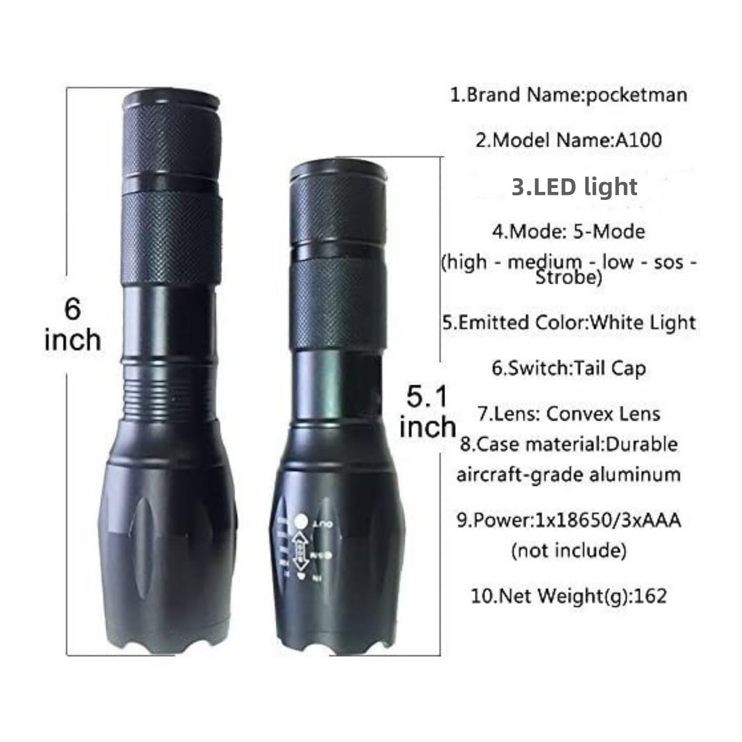 MODOAO LED Flashlight - Waterproof, Zoomable, 5 Modes, Pocket-Sized, Aluminum, Model SDT340, 5 Pack