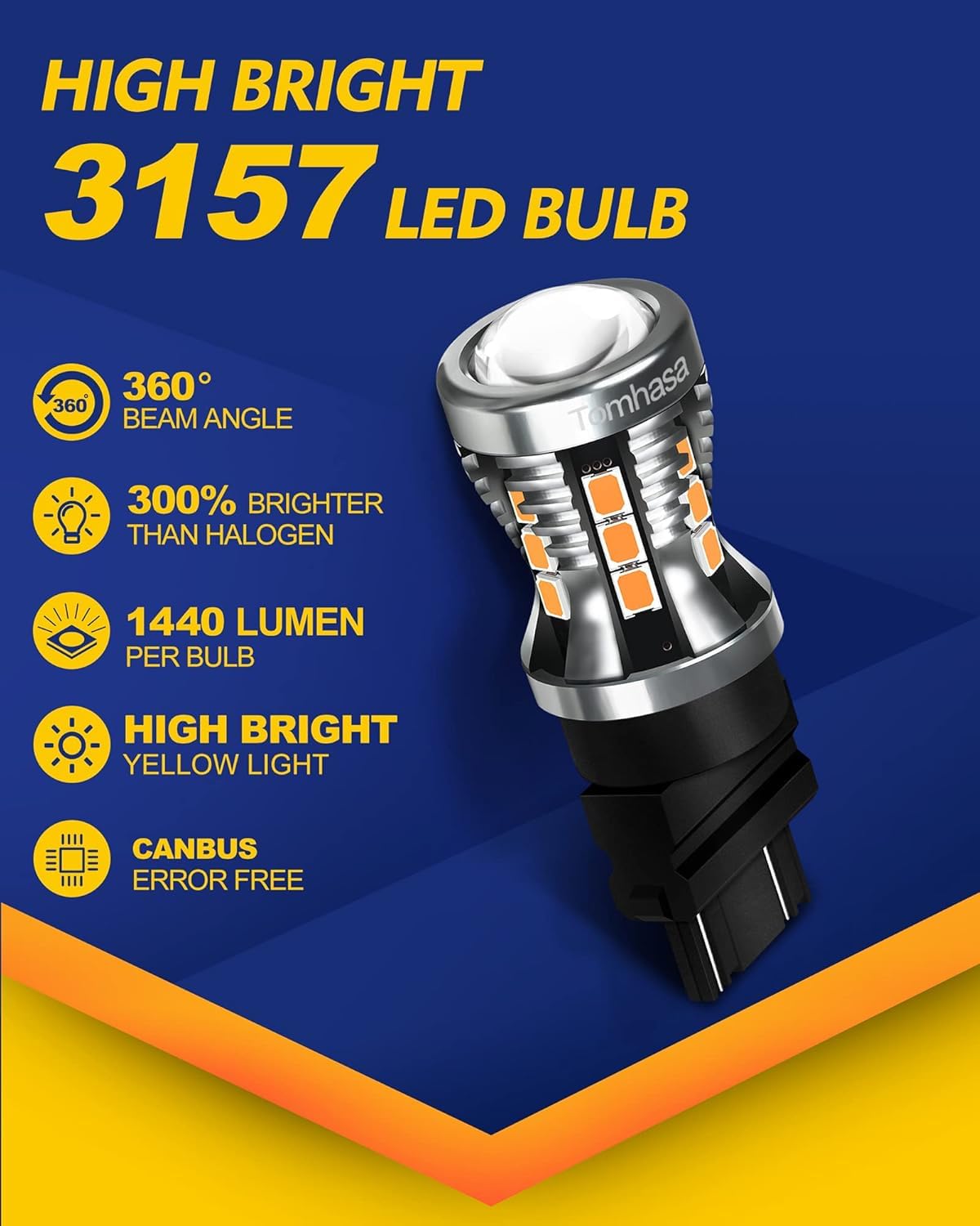 Tomhasa 3157 LED Bulbs for Turn Signal Light, Amber Yellow, Pack of 4, Compatible with 3056 3156 4157 Models
