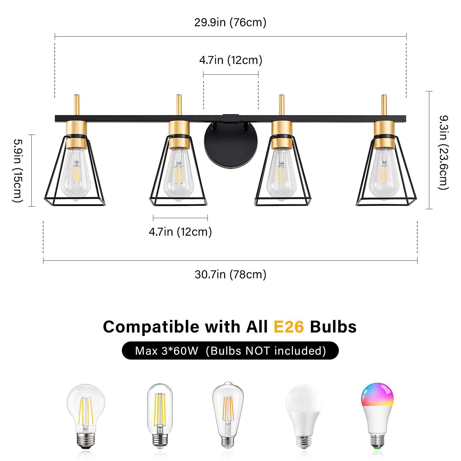 FonmYim Farmhouse Bathroom Vanity Light Fixtures Over Mirror, Black and Gold 4-Light Wall Sconce with Metal Cage, E26 Socket (Bu