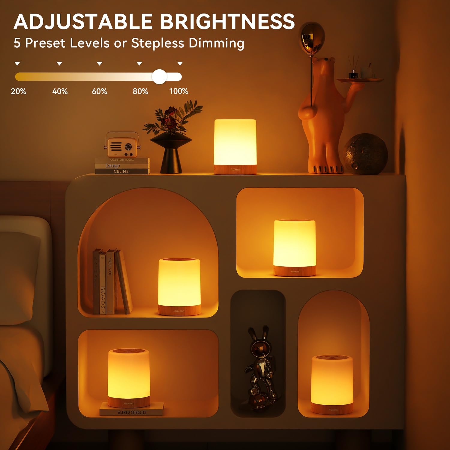 Auxmir Dimmable Touch Night Light for Kids, 11 RGB Colors, Portable Rechargeable Lamp, Classic Brown Touch Control for Nursery & Bedroom