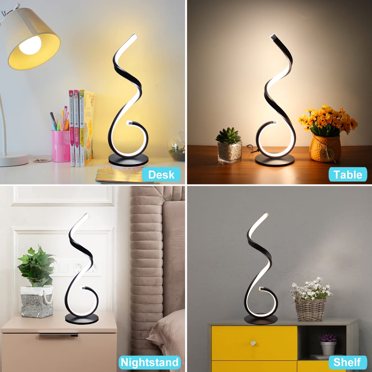 Besketie Modern Spiral Led Table Lamp - Dimmable 3 Color Modes, Black Aluminum Nightstand Light