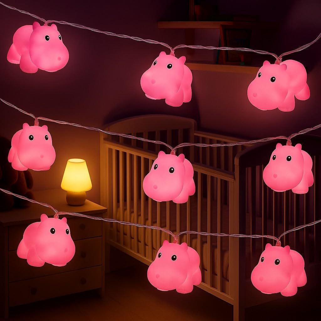 4.9 ft 10 Lights Battery Pet LED Decorative Hippo Indoor Outdoor Decor String Light, Baby Room Decoration, Child Room Decoration