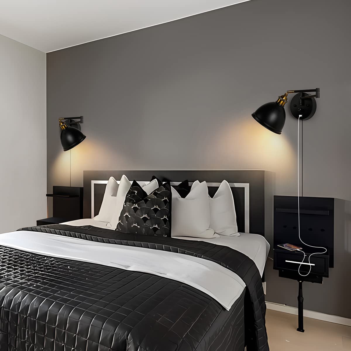 Swing Arm Wall Sconces, Plug-In Wall Lamp,Bedroom Wall Lamp , White Fabric Shade,,With Dimmable Switch And Usb Charging Port, Su