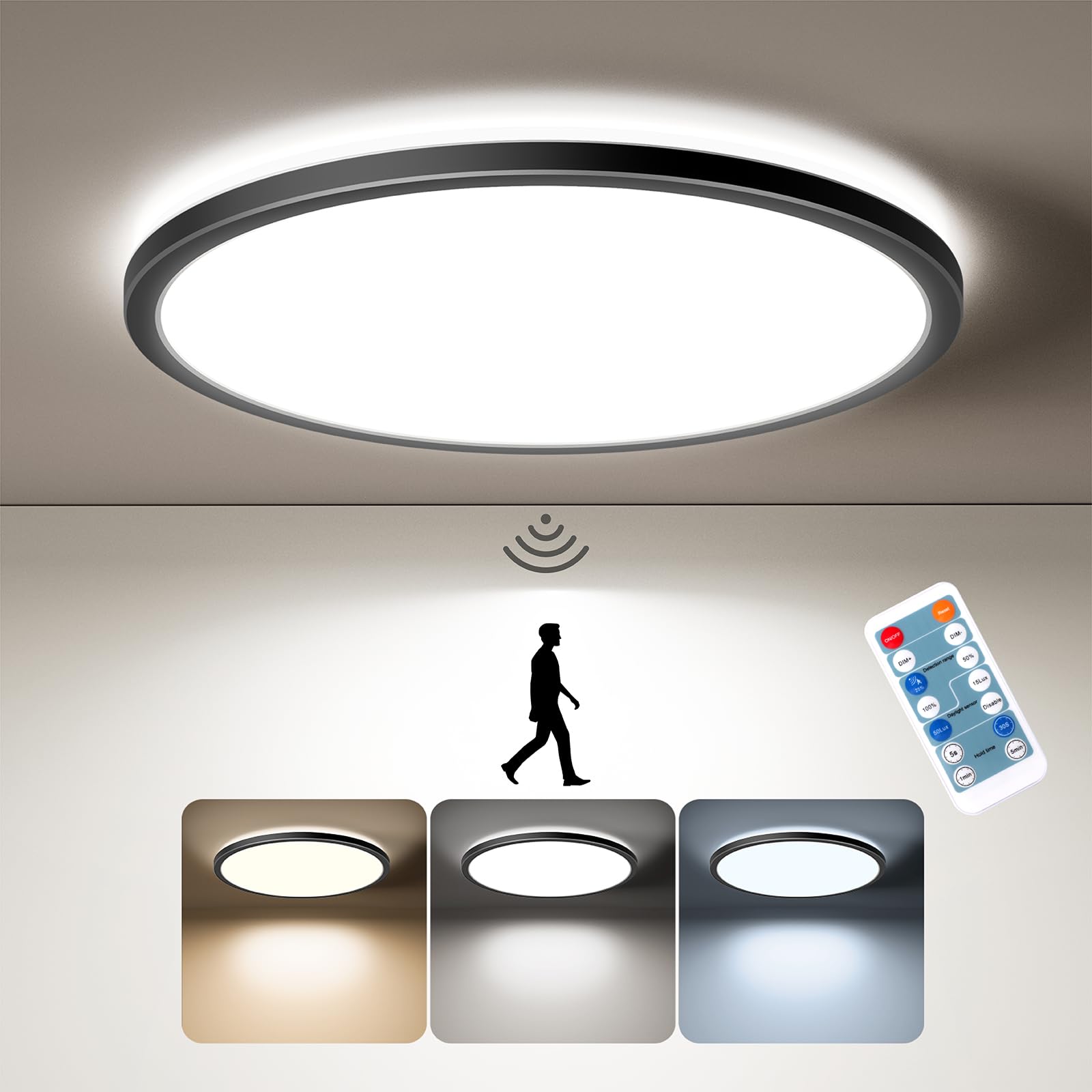 Matane Motion Sensor LED Ceiling Light, 12 Inch, Dimmable 3000K/4000K/5000K, Black, Model LS-CL-G24W-M-DCCT
