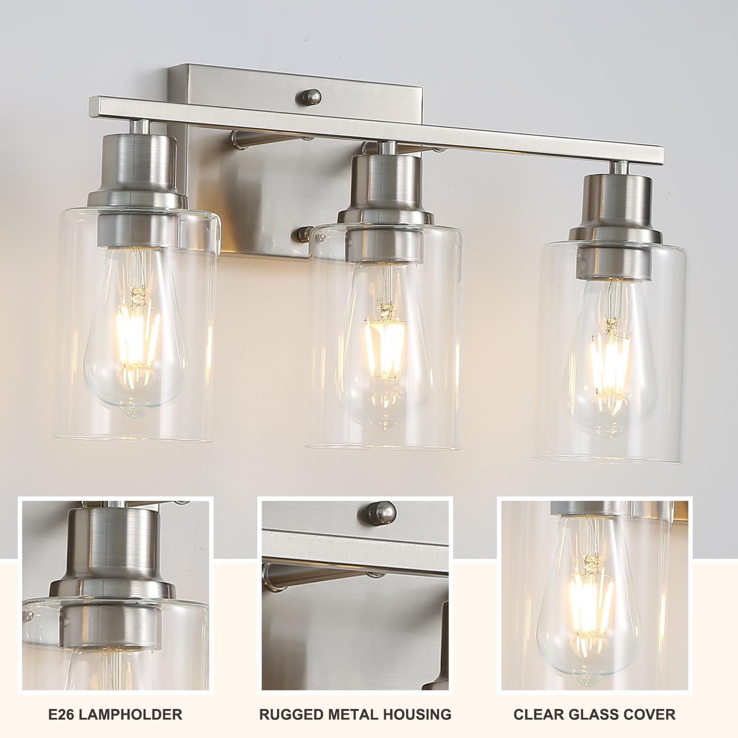 Jodauirt 3-Lights Brushed Nickel Bathroom Vanity Light Fixtures,Brushed Nickel Wall Sconces with Clear Glass Shades, Farmhouse M