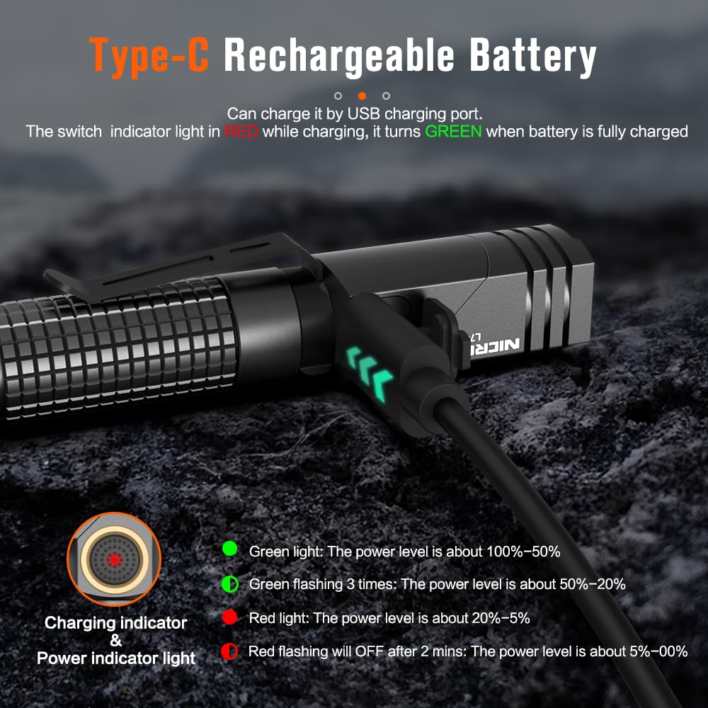 NICRON EDC Flashlight L74 Mini, 400 Lumens, Rechargeable, 90-Degree with Magnet, Black, Aluminum, Compatible with AAA Battery