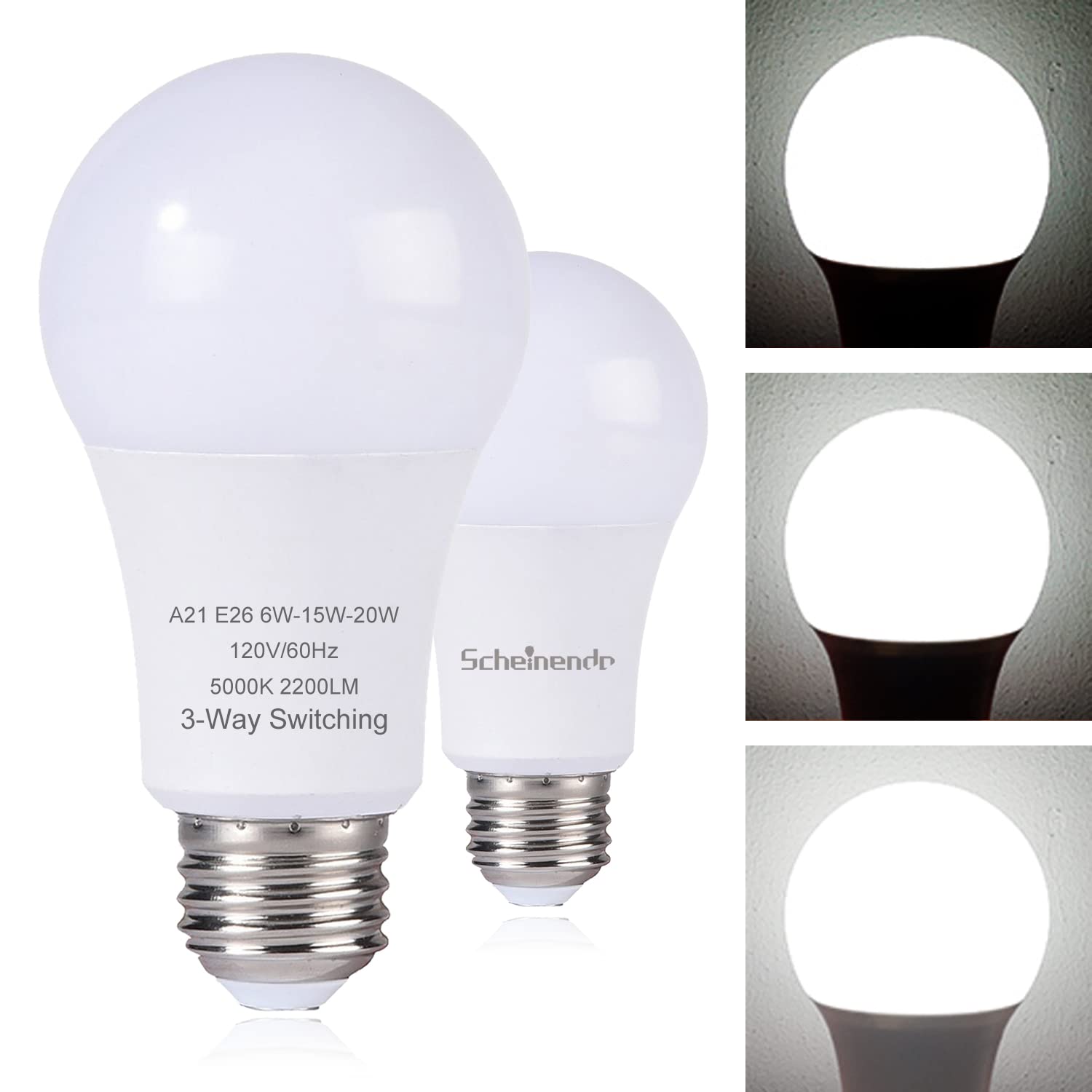 Scheinenda 3-Way Led Light Bulbs A21, 50 100 150 Watt Equivalent, Perfect For Reading, 5000K Daylight, Indoor Standard E26 Bulb,