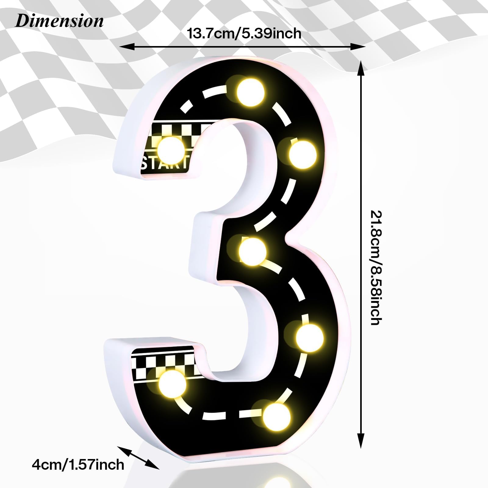 AXBMM Racing Car Light Up Sign - Checkered Birthday Decorations, Number 3, PP Plastic, White/Black, Model XY-300