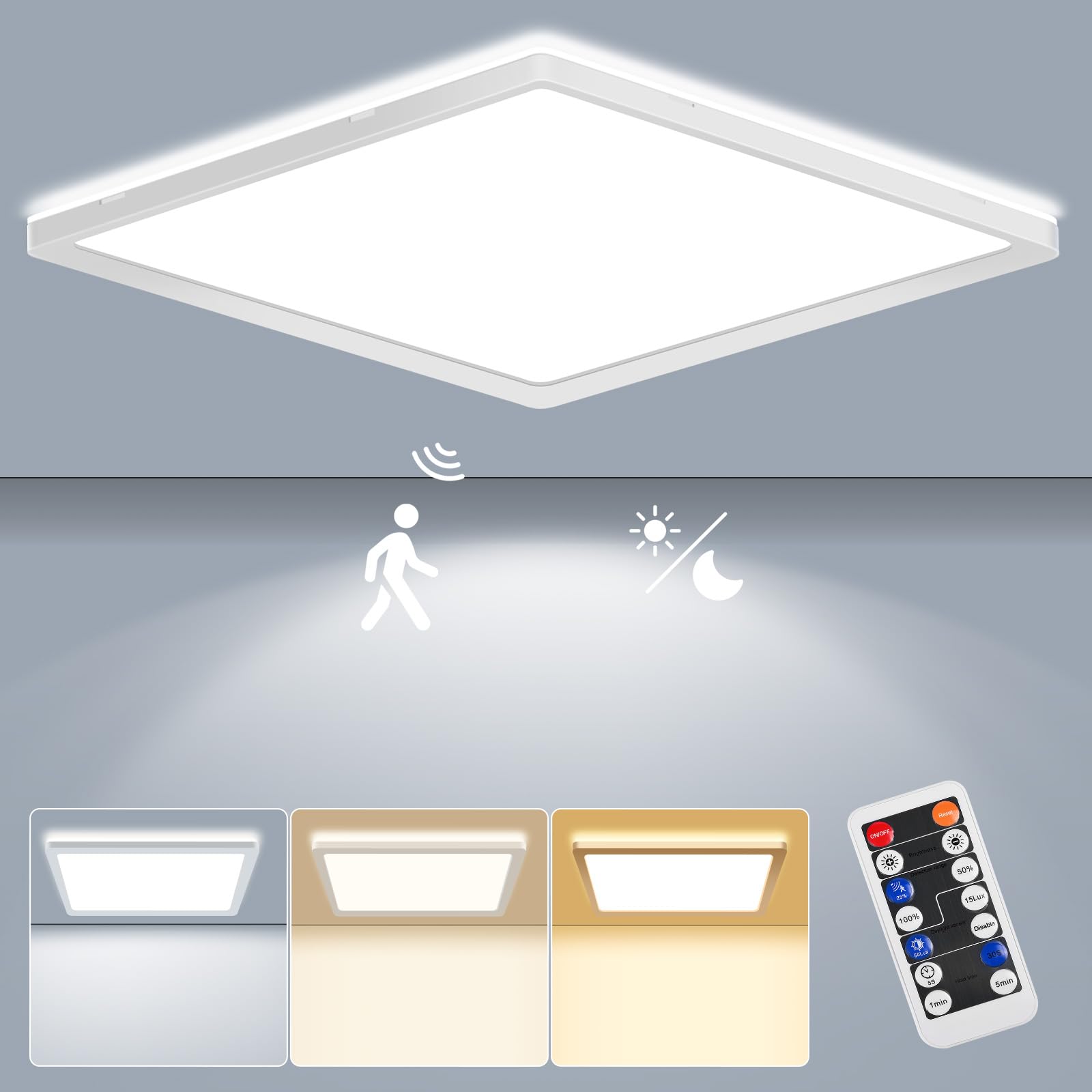 LEZOE 24W Motion Sensor LED Ceiling Light, Dimmable, 12Inch, 2400lm, 3000K/4000K/6500K, Polycarbonate