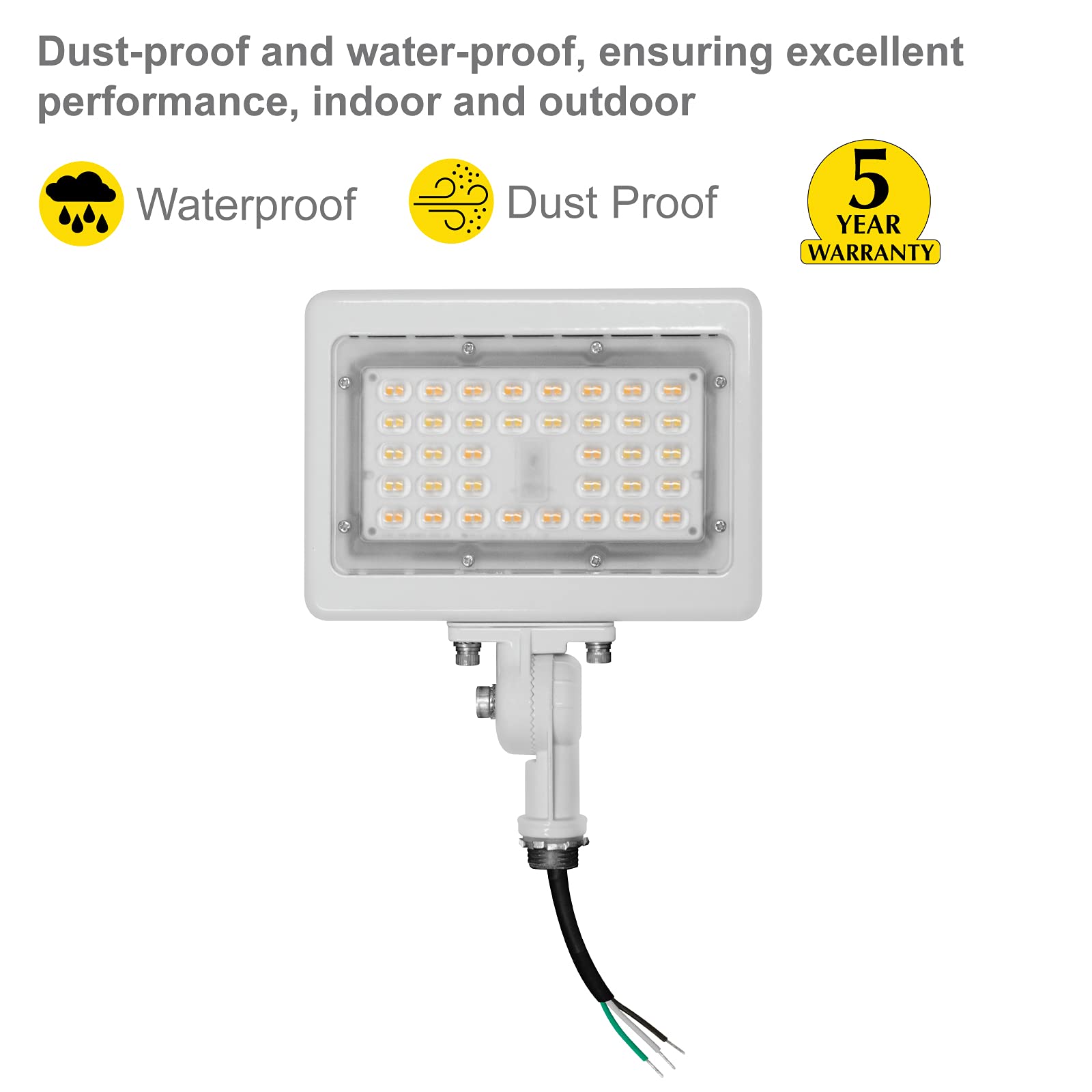 Nuwatt 30W Led Flood Light, 3Cct 3000K/4000K/5000K Selectable, Ip65 Waterproof Lighting, Adjustable Knuckle Mount, 4200Lm, 0-10V Dimmable, 120-277V, Outdoor Security Floodlight For Yard, White, Ul