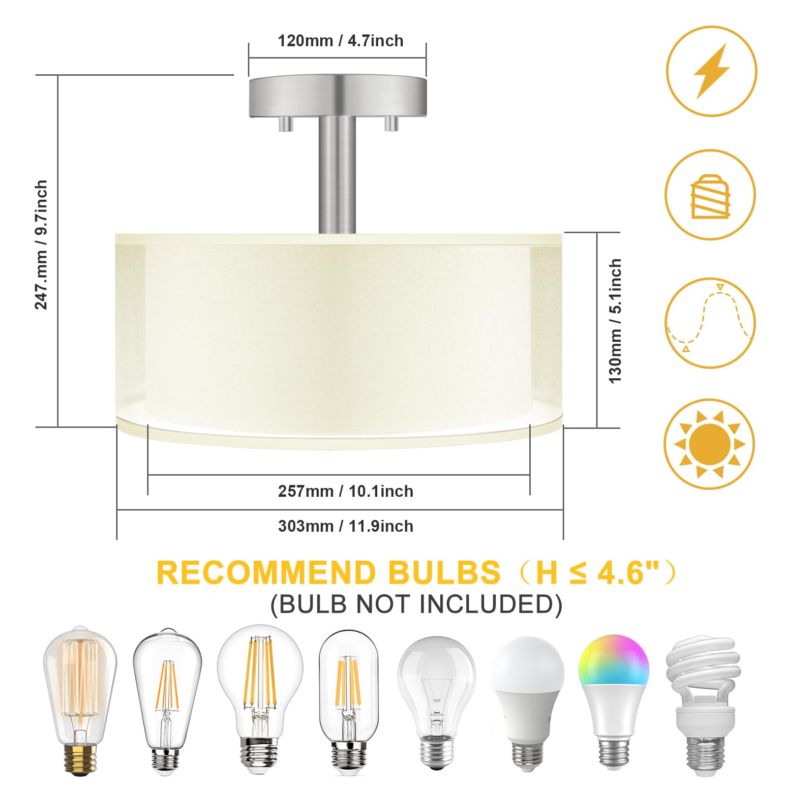 Folksmate Semi Flush Mount Ceiling Light Fixture, Gold 3-Light Drum Light With Double Fabric Shade, Modern Close To Ceiling Lamp