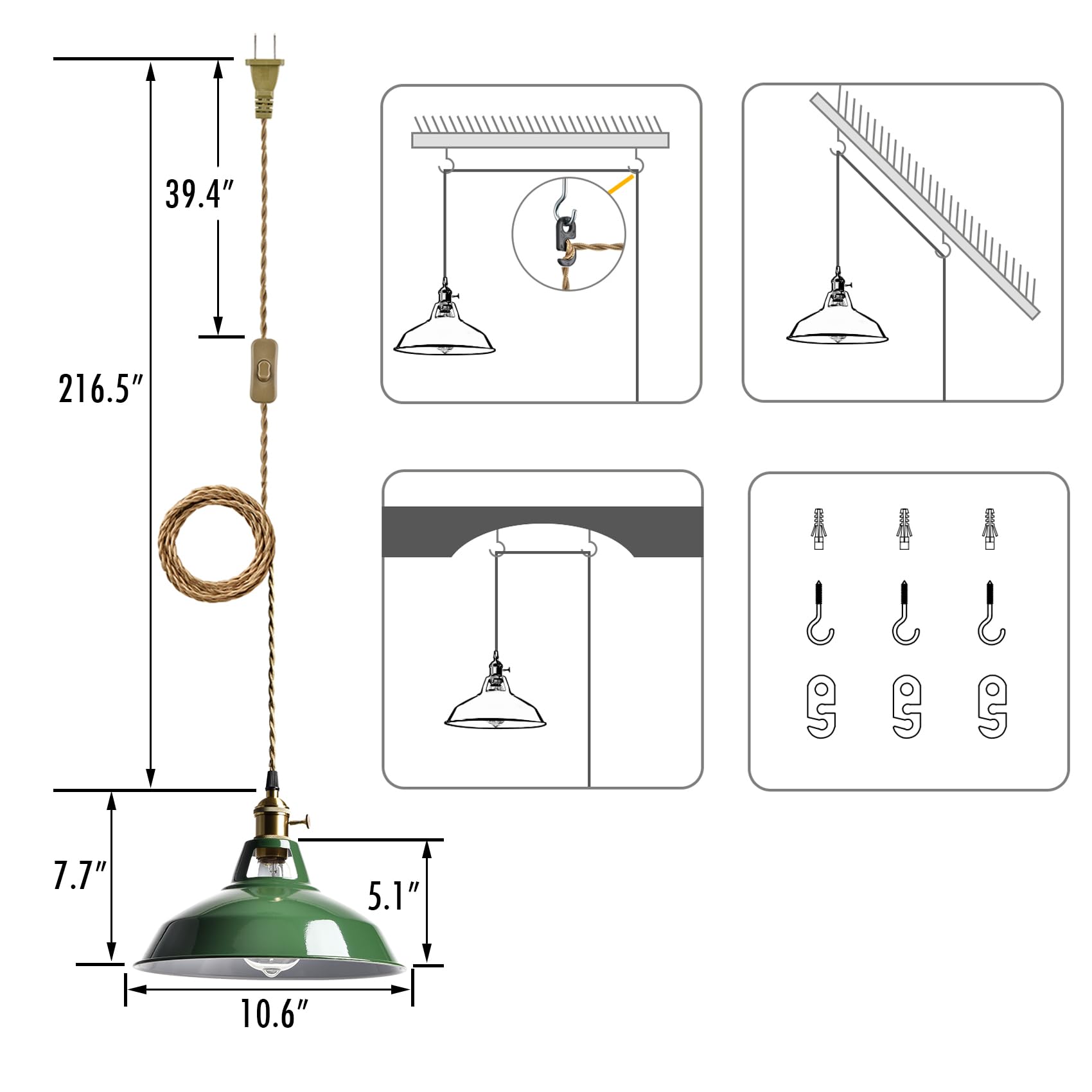 Yubole Modern Green Plug-In Pendant Light Macarons Kitchen Hanging Swag Lighting  Metal Barn Shade With On-Off Switch Plug Cord Light For Bedroom Foyer Dining Bar