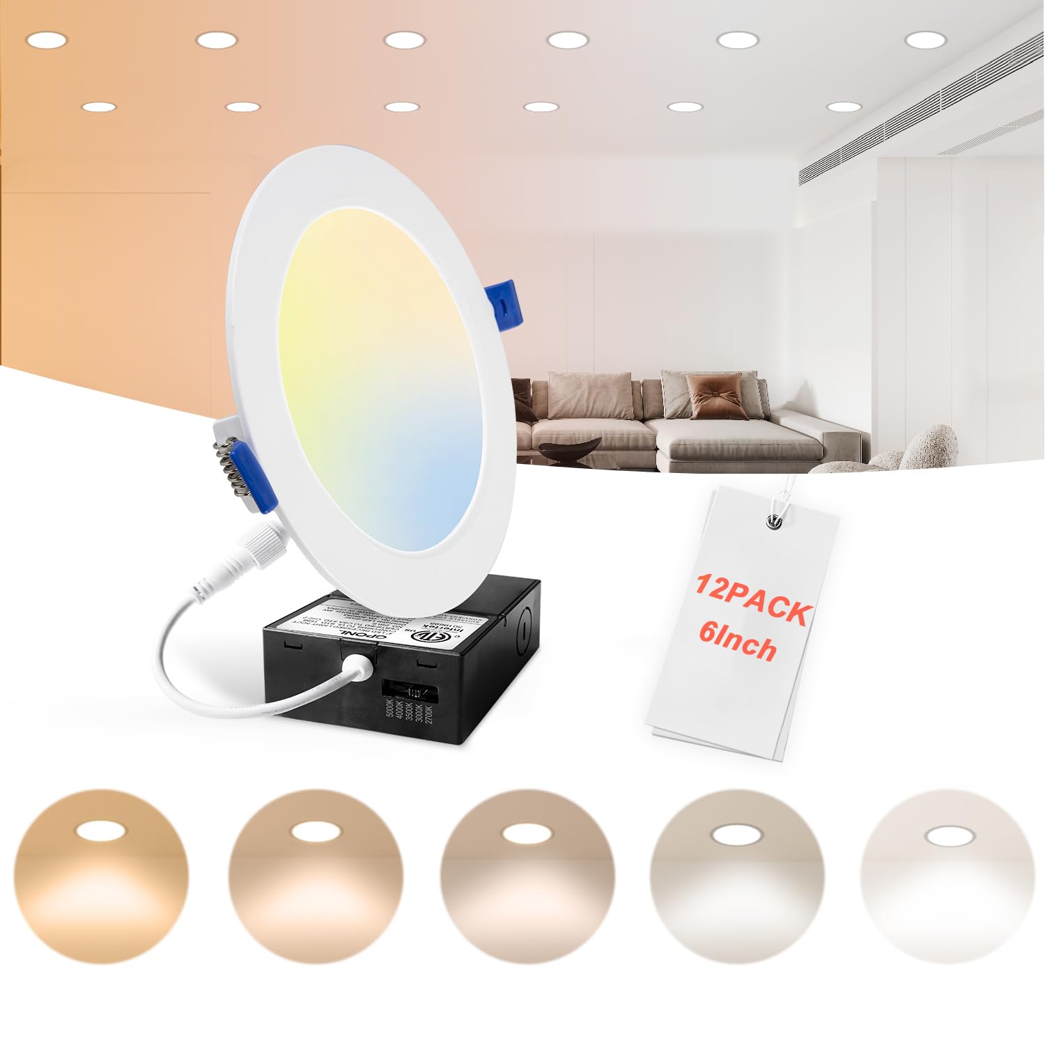 OPONL 12 Pack LED Recessed Lighting, 6 Inch, Ultra-Thin, Dimmable, 1100LM, White, Model 6in12pack