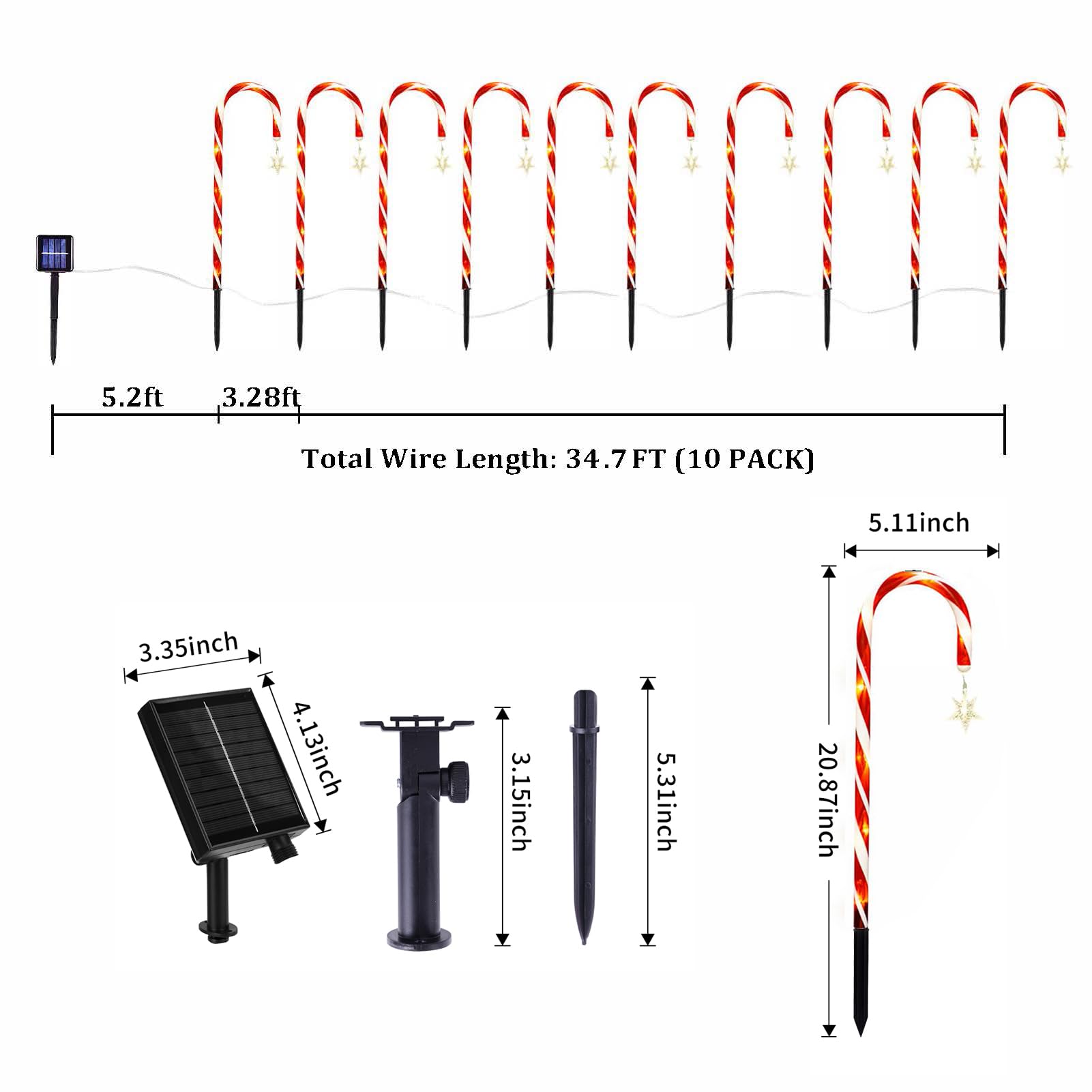 Bstge Christmas Candy Cane Lights, 10 Pcs, 21in  Solar Pathway Lights, Waterproof, White with Star, 8 Lighting Modes