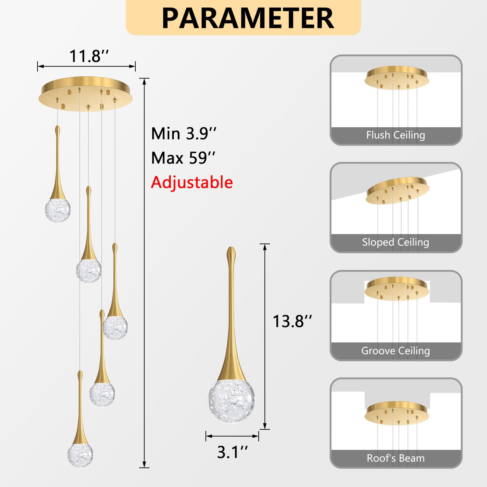 Cenzoz 5-Lights Modern Pendant Lights For Kitchen Island Led Dimmable Chandelier Crystal Glam Ceiling Pendant Lighting For Dining Room Hallway Bedroom Lamp Antique Gold