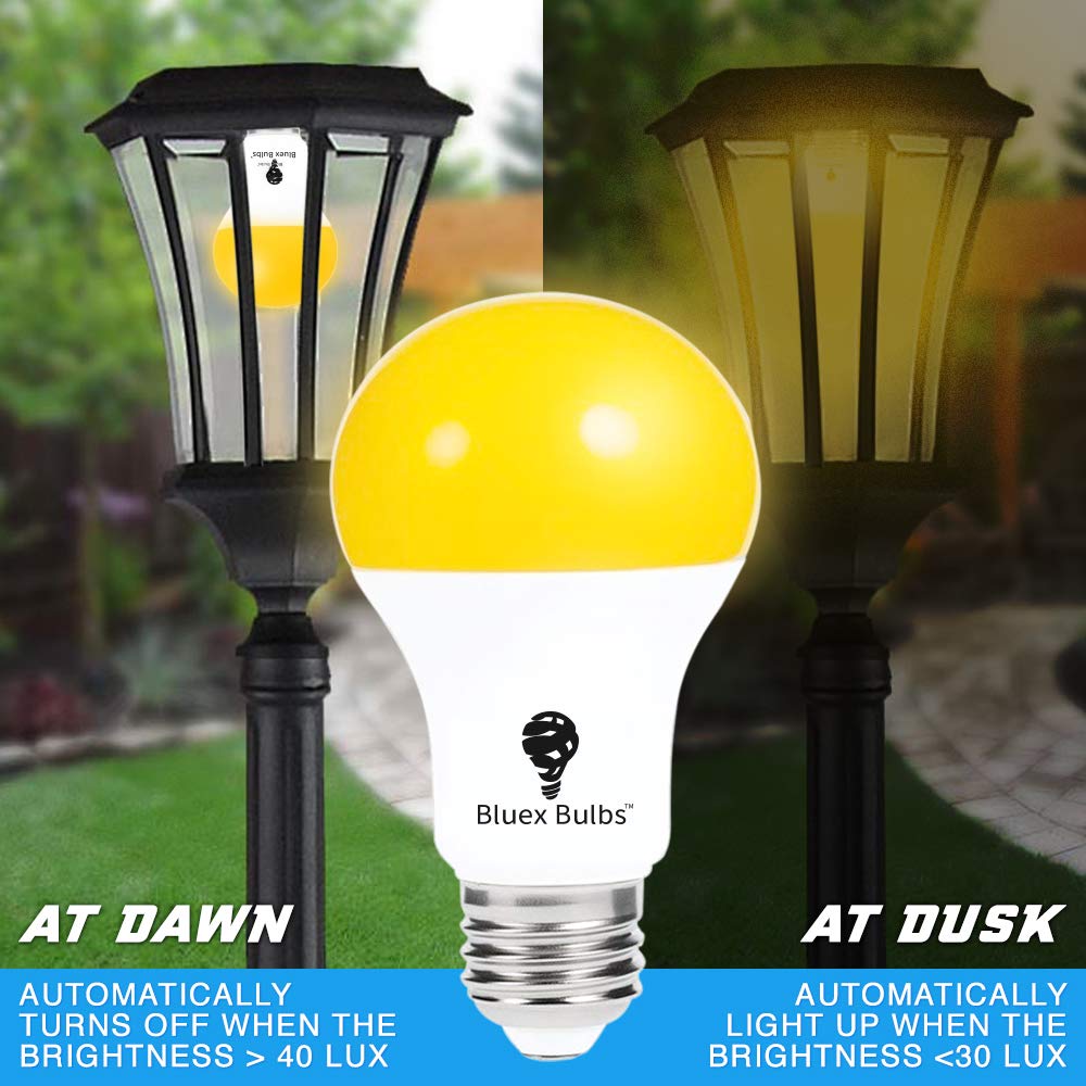 Bluex Bulbs 2 Pack LED Dusk to Dawn Bug Light Bulbs, Amber Light, Automatic Sensor, E26, 500 Lumens, Yellow, Model 2306