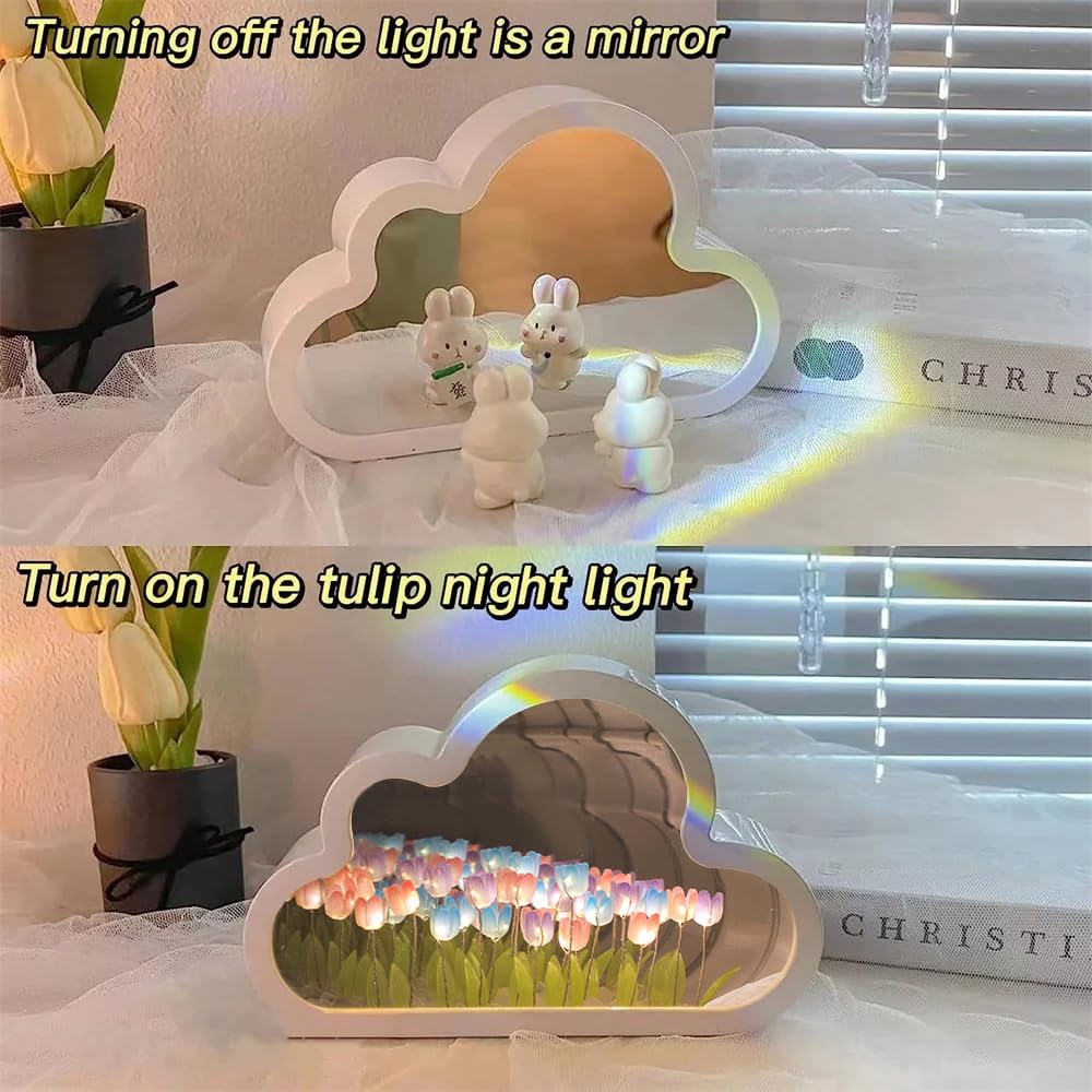 Logazoo (20 Flower) Tulip Lamp Night Light With Mirror  Assembled Artificial Flower Lamp Table Light Bedroom Decoration Gift For Women Girlfriend Sisters Desk Table Decor  Cloud Design (Multicolor)
