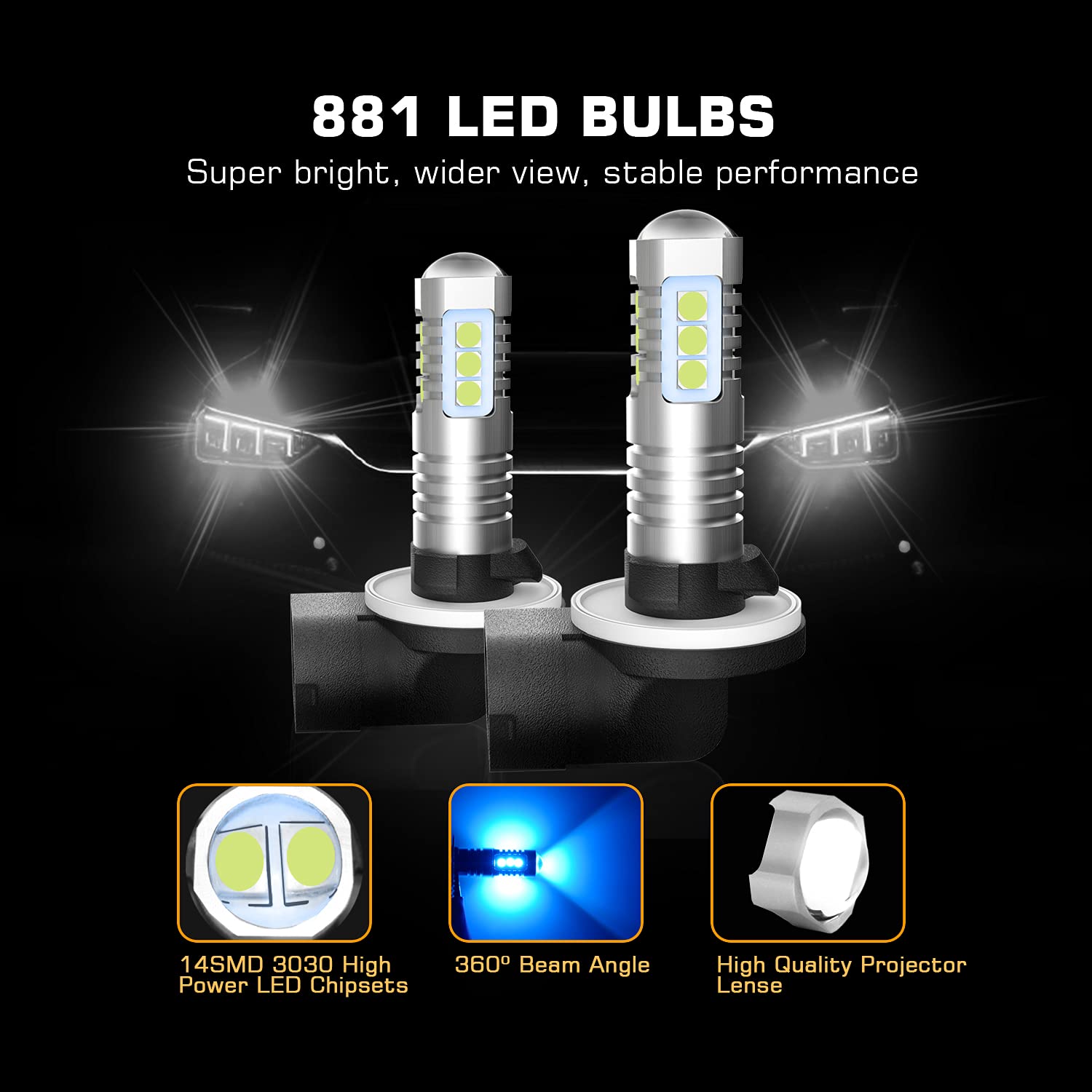 BRISHINE LED Fog Light Bulbs Pack of 2, 3030 Chips, 881/889, Aluminum, Ice Blue, Model BRI-Fog14SMD3030-881IB