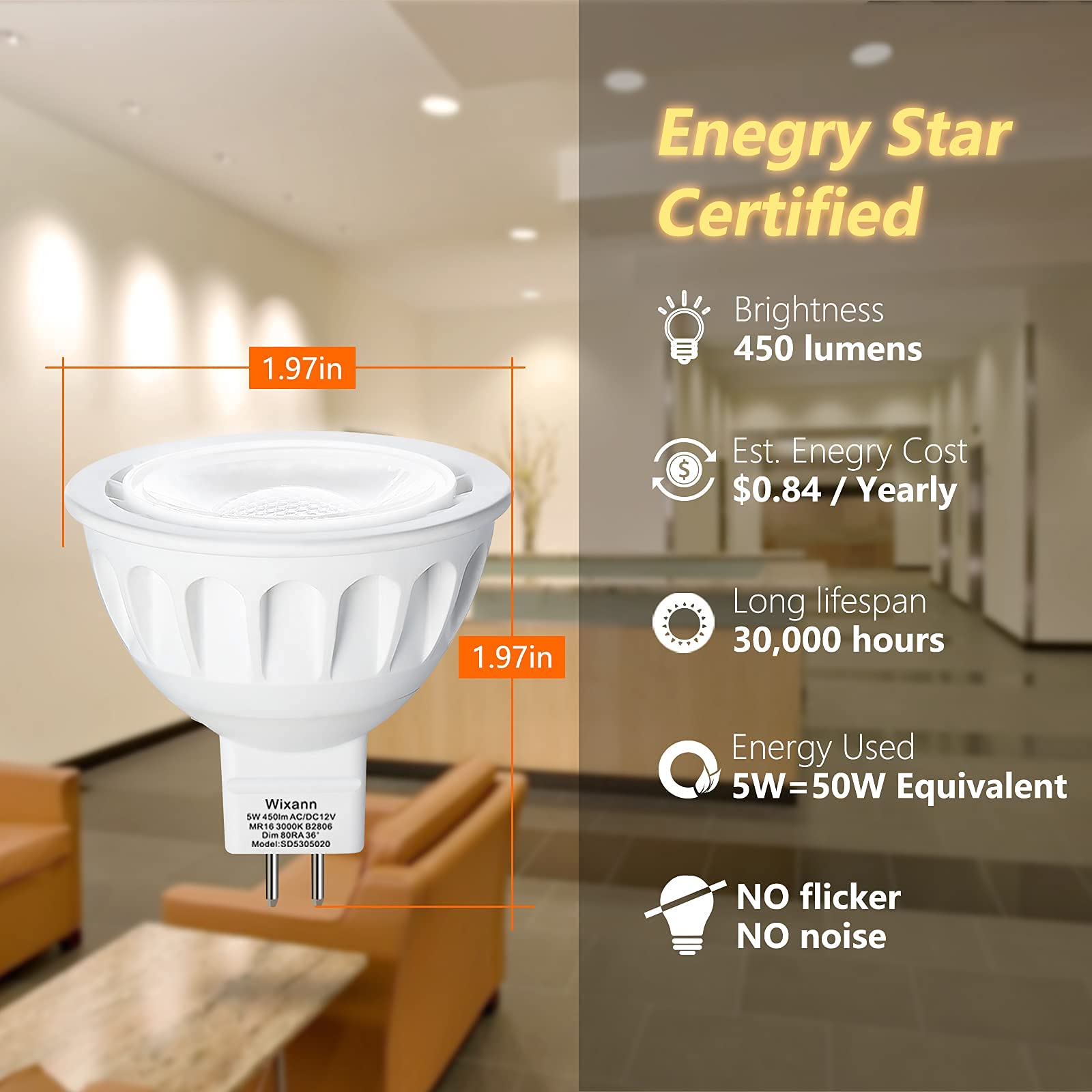 Mr16 Led Bulbs Dimmable, 5W 3000K Soft Warm White, 450Lm, 12-Volt Gu5.3 Bi-Pin Base, 40 Degree Spot Lighting For Indoor. 6 Pack