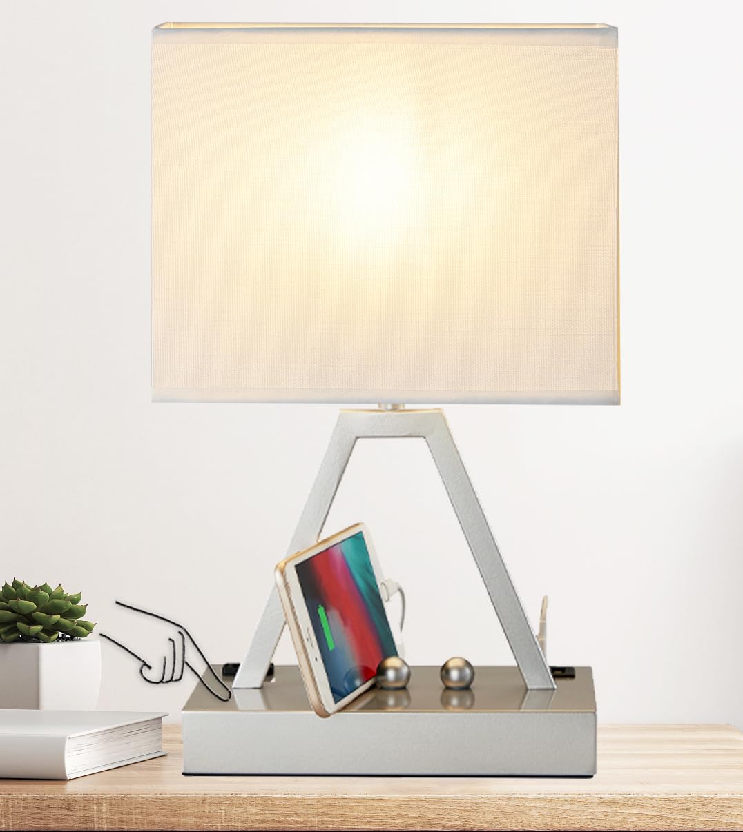 Briever USB C Touch Control Table Lamp, 3-Way Dimmable Desk Lamp with USB C & USB A and AC Outlet, Bedside Lamp with Phone Stand and Fabric Shade for Bedroom, Living Room, Bulb Included, Silver