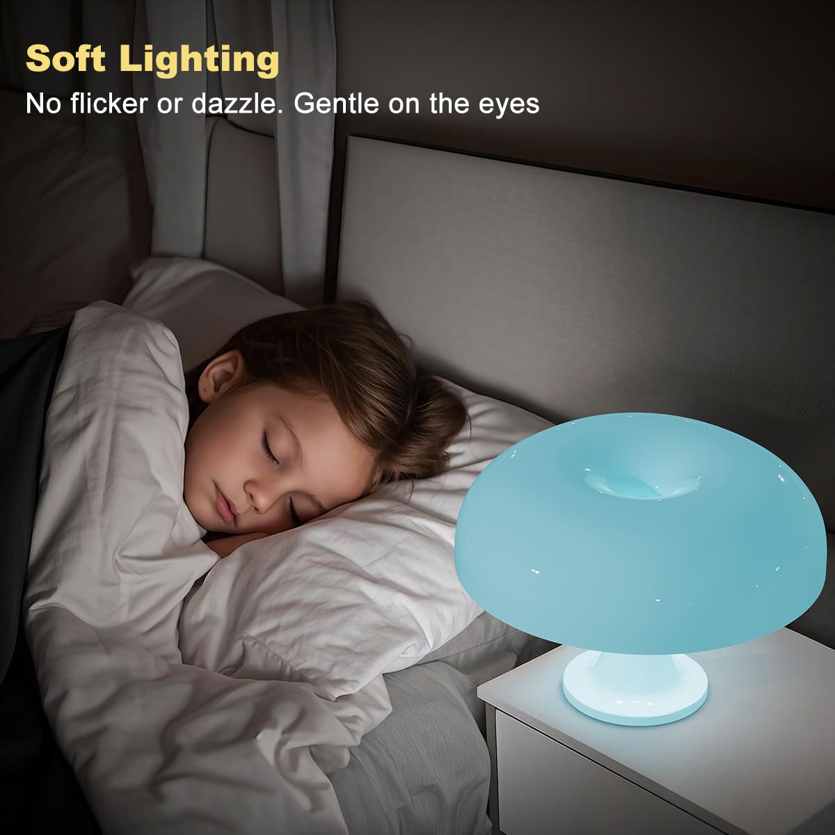 Fanhao Light Blue Mushroom Lamp, 70S Retro Midcentury Lamp For Room Aesthetic Modern Lighting For Bedroom, 3-Way Dimmable, Cool