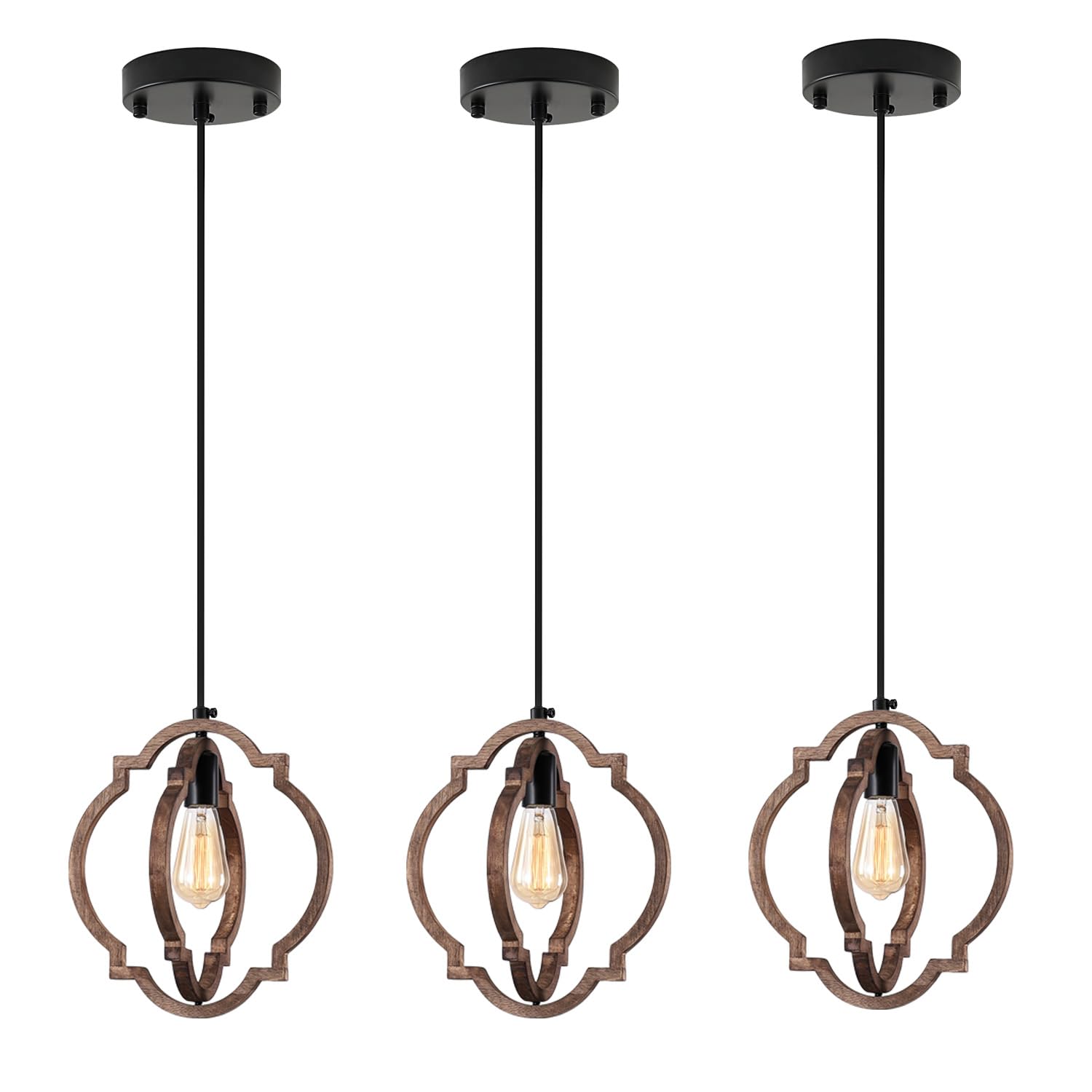 MWZ 3 Pack Farmhouse Pendant Lights Kitchen Island,Rustic 1-Light Small Distressed Wood Chandelier Light Fixture for Dining Room