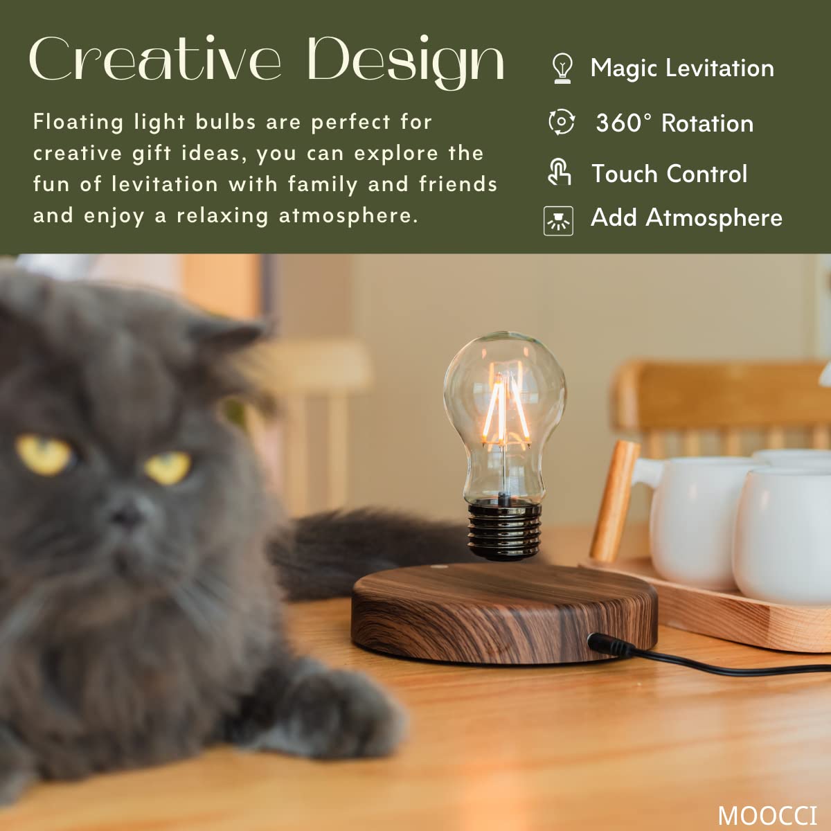 Moocci Levitating Bulb Lamp Magnetic Floating Lamp Light Desk Lamp Night Light Table Led For Unique Gifts, Room Decor, Night Light, Home Office Decor Desk Tech Toys (Round-Classic Bulb)
