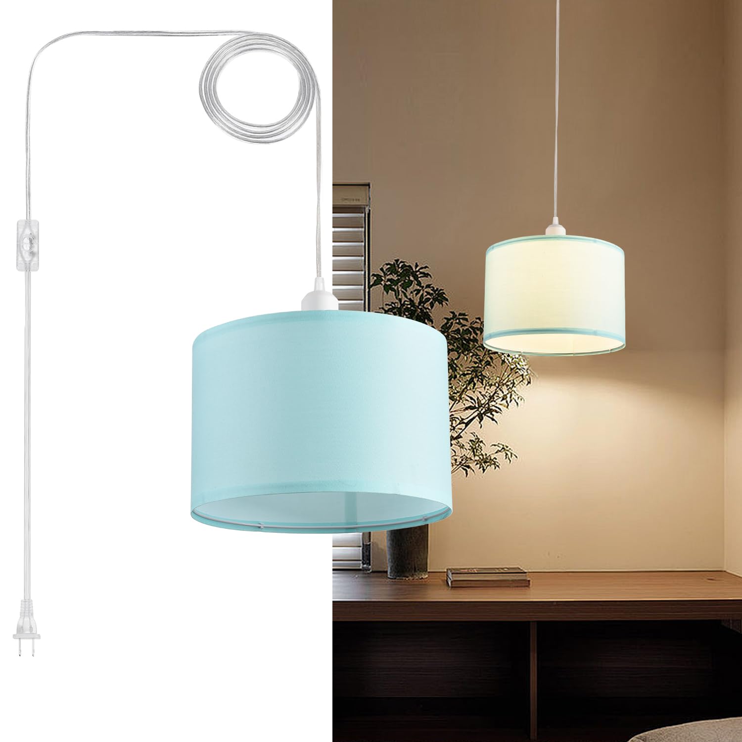 Ihengyanlt 2 Pack Plug In Pendant Light, Hanging Light With 15Ft Clear Cord, On/Off Switch, Blue Fabric Lamp Shade, Hanging Ligh