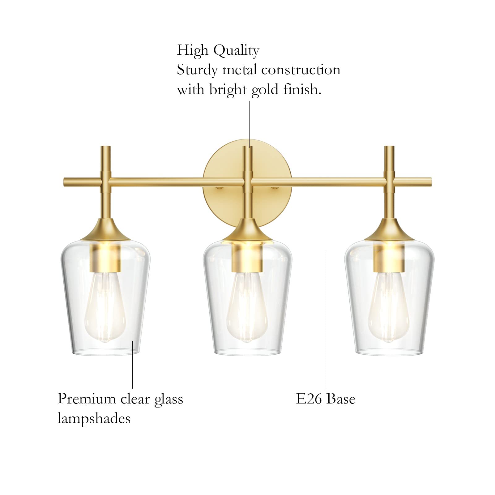 Ralbay Gold Bathroom Vanity Light 3-Lights Metal Clear Glass Wall Fixture Model 1117