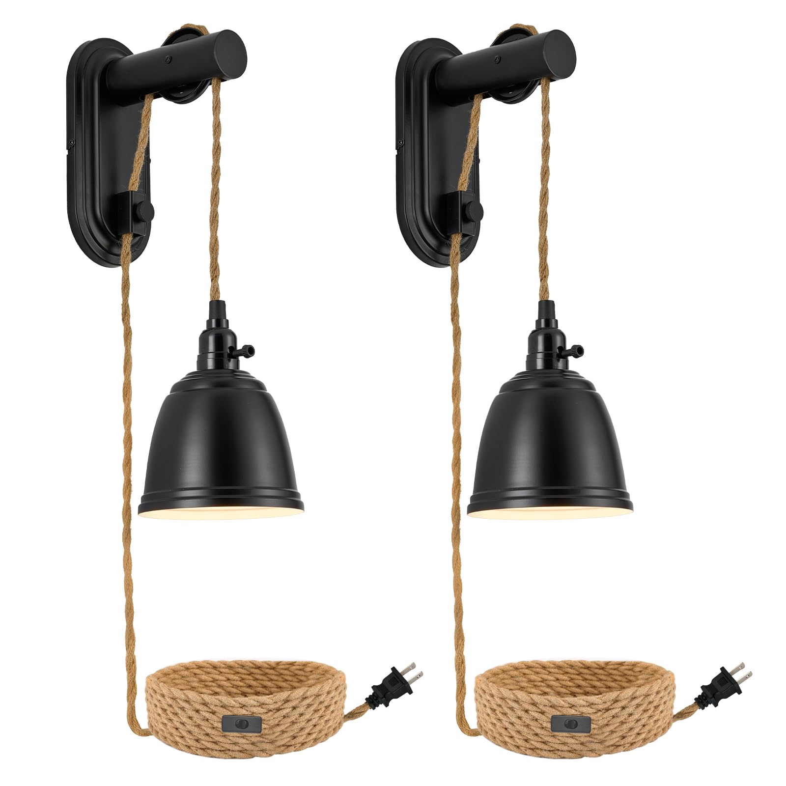 AMRUIPO Wall Sconces Set of 2, Plug in Pulley Wall Lamps with On/Off Switch, Vintage Industrial Wall Sconce for Bedroom Living R