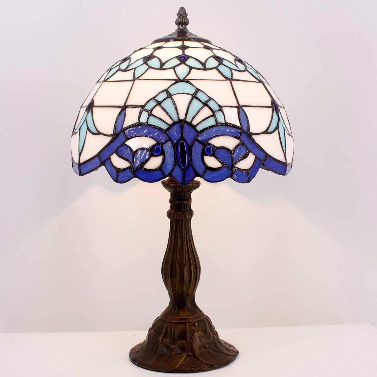 WERFACTORY Tiffany Table Lamp, Navy Blue Baroque Style, 12x12x18 Inches, Zinc Material, Perfect for Bedroom & Home Office