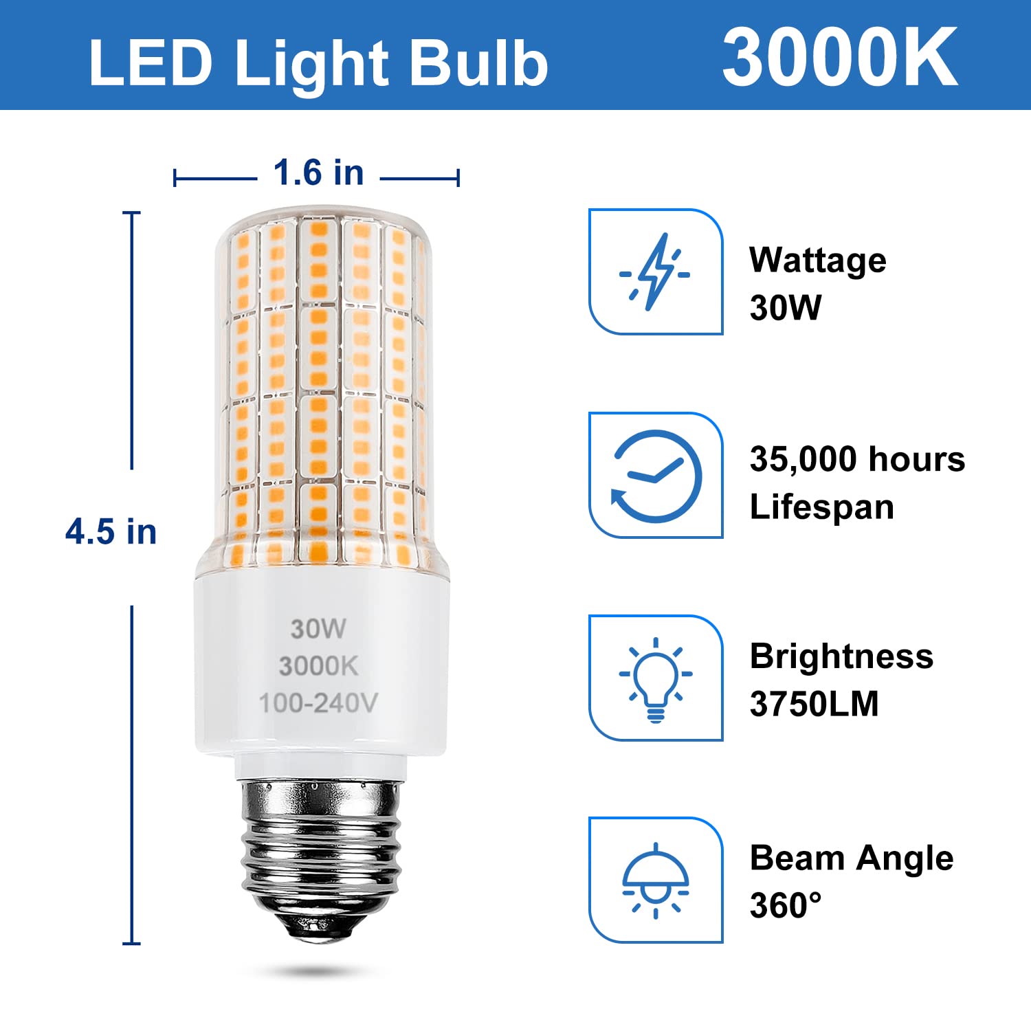 RIUVAO 30W LED Light Bulb, 250W Equivalent, 3750 Lumen, Waterproof, E26/E27 Base, Warm 3000K, 2-Pack,