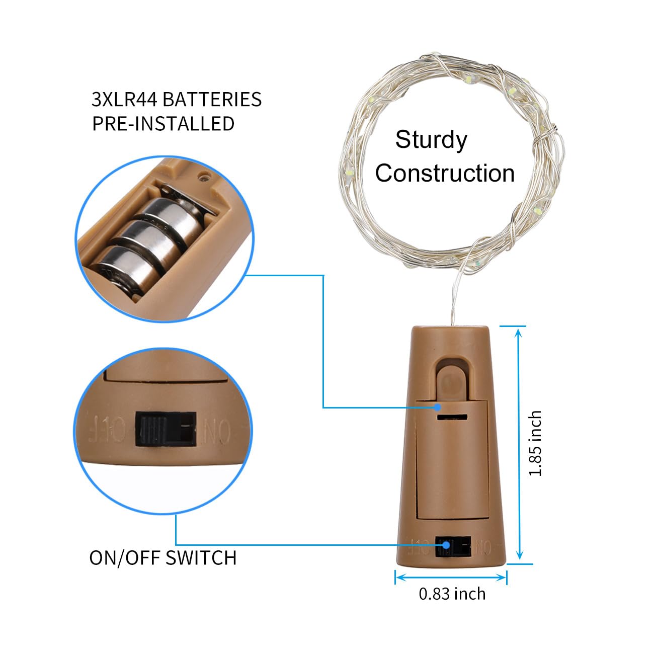 Ledikon 20 Pack Wine Bottle Lights With Cork Battery Operated 3.3Ft 20 Led Silver Wire Cork Fairy Lights For Liquor Bottles,Jars,Crafts,Wedding,Party,Centerpieces,Table Decor,Warm White