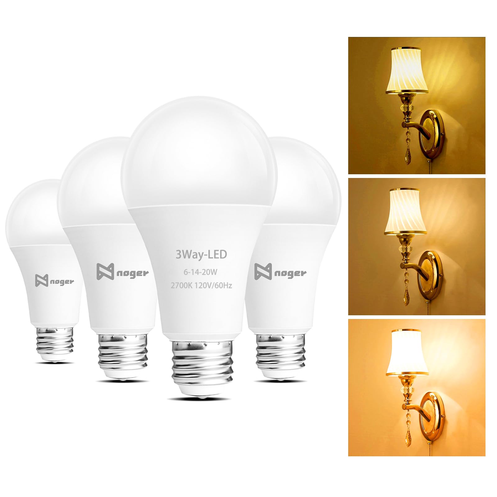 Noger 3-Way LED Light Bulbs A21 4 Pack, 50 100 150W Equivalent, 2700K Soft White, Three Way Light Bulbs for Reading, E2 6 Medium