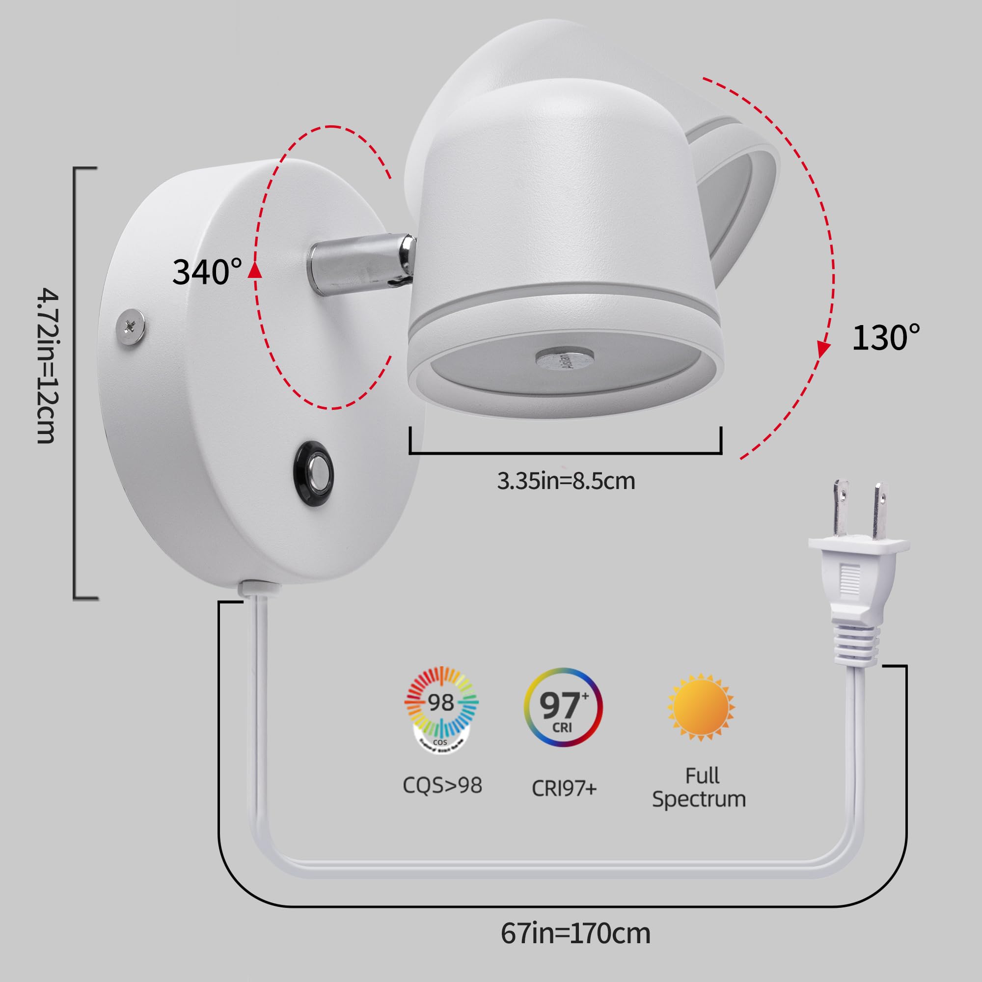 Aisilan LED Wall Sconce with Switch Plug in Dimmable Bedroom Sconce Adjustable Sconce Wall Lighting Angle Anti-Glare Matte White