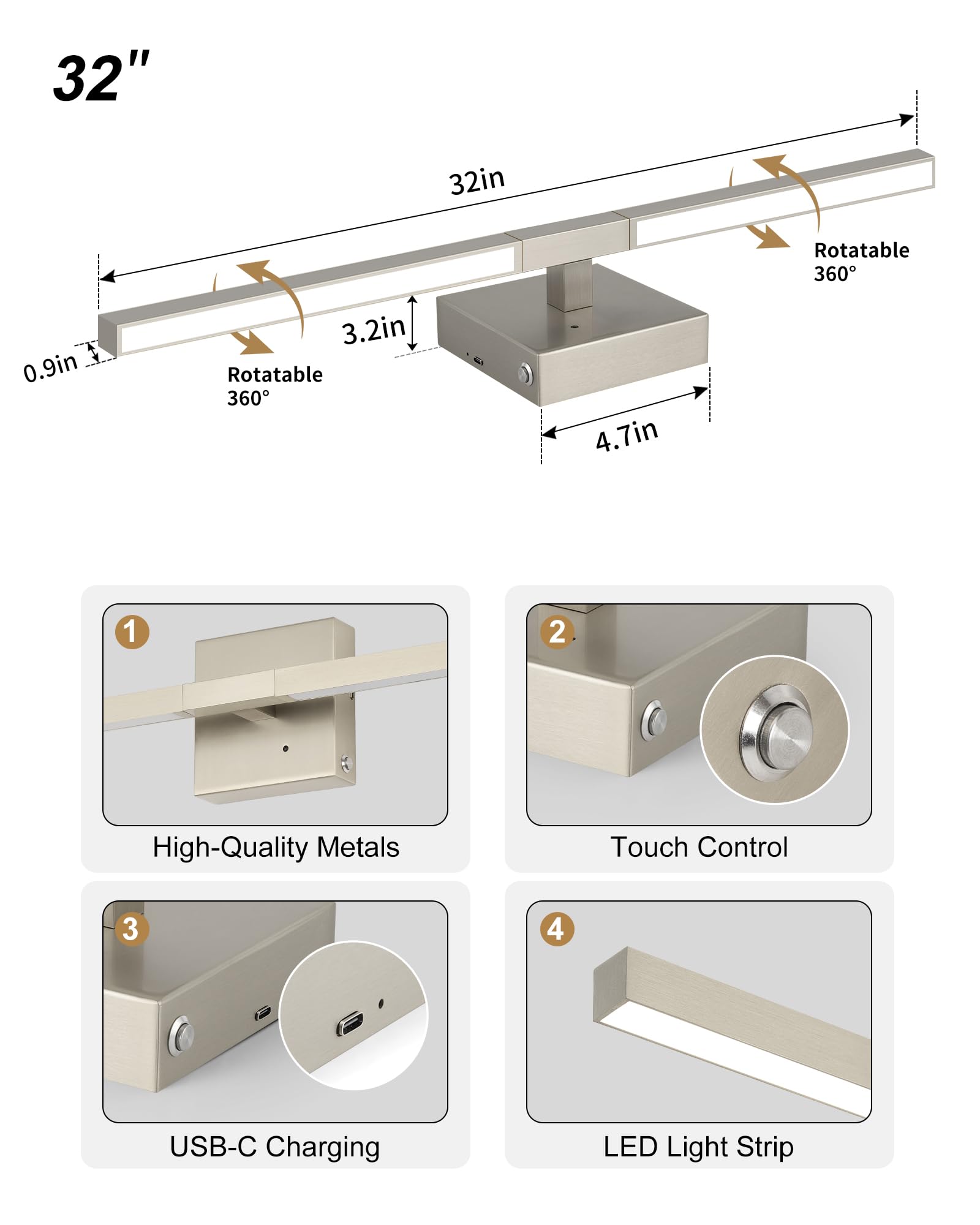 32 Inch Rechargeable Battery Operated Wall Sconce Set of Two, Wireless 3000K/4500K/6000K Dimmable Timer, Remote Touch Control US