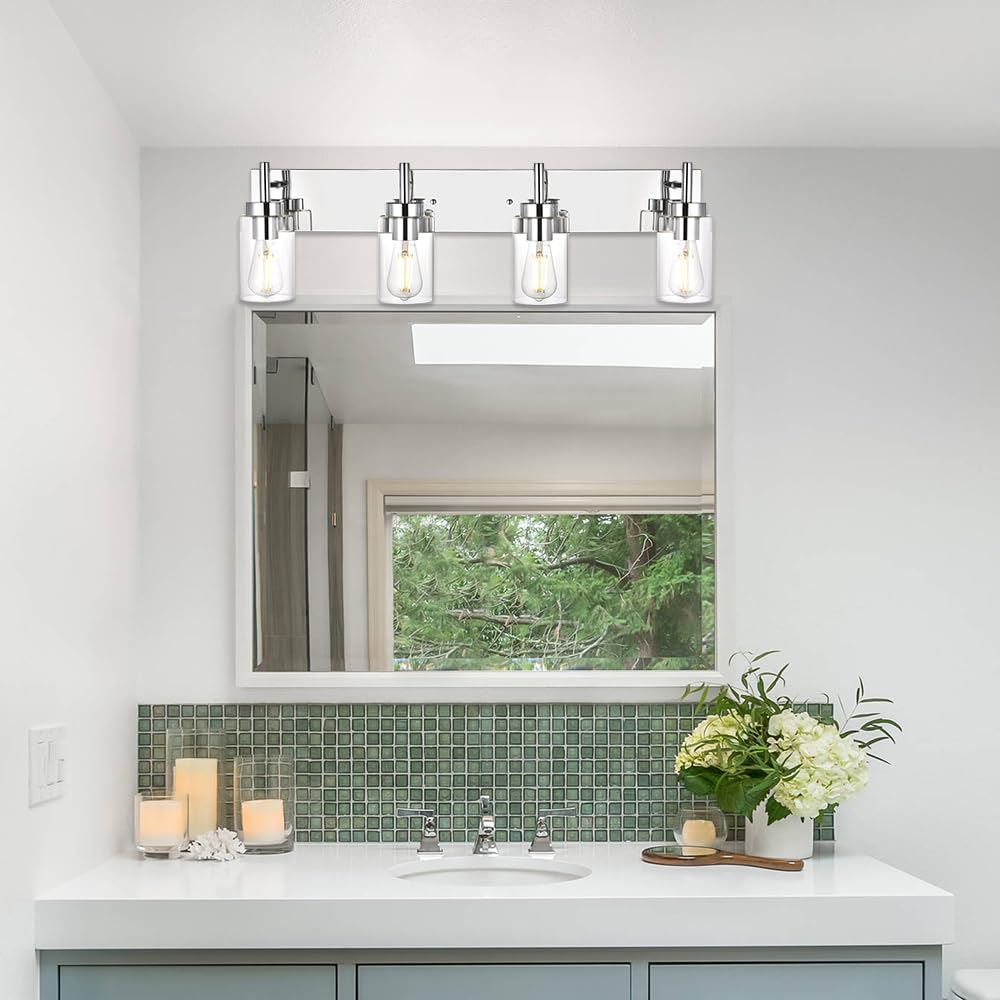 Vinluz Modern Bathroom Lighting With Clear Glass Shade 4-Light Vanity Light Fixtures Chrome Finished Industrial Wall Light Sconc