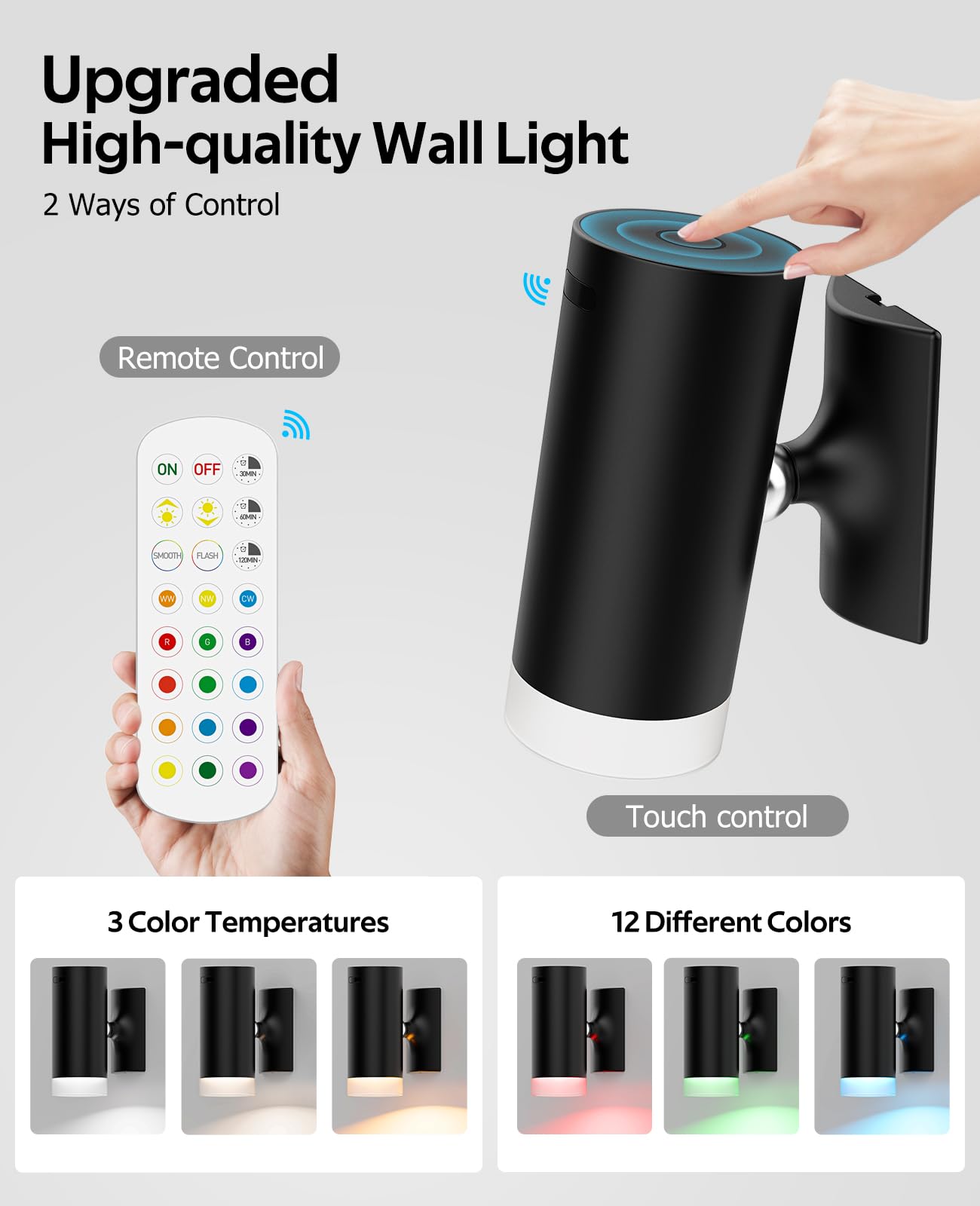 Afyuol LED Wall Sconce - Wireless Battery Operated, 12RGB & 3CCT Dimmable, Metal, Black, AFSWS-1PC, Ideal for Bedroom & Living