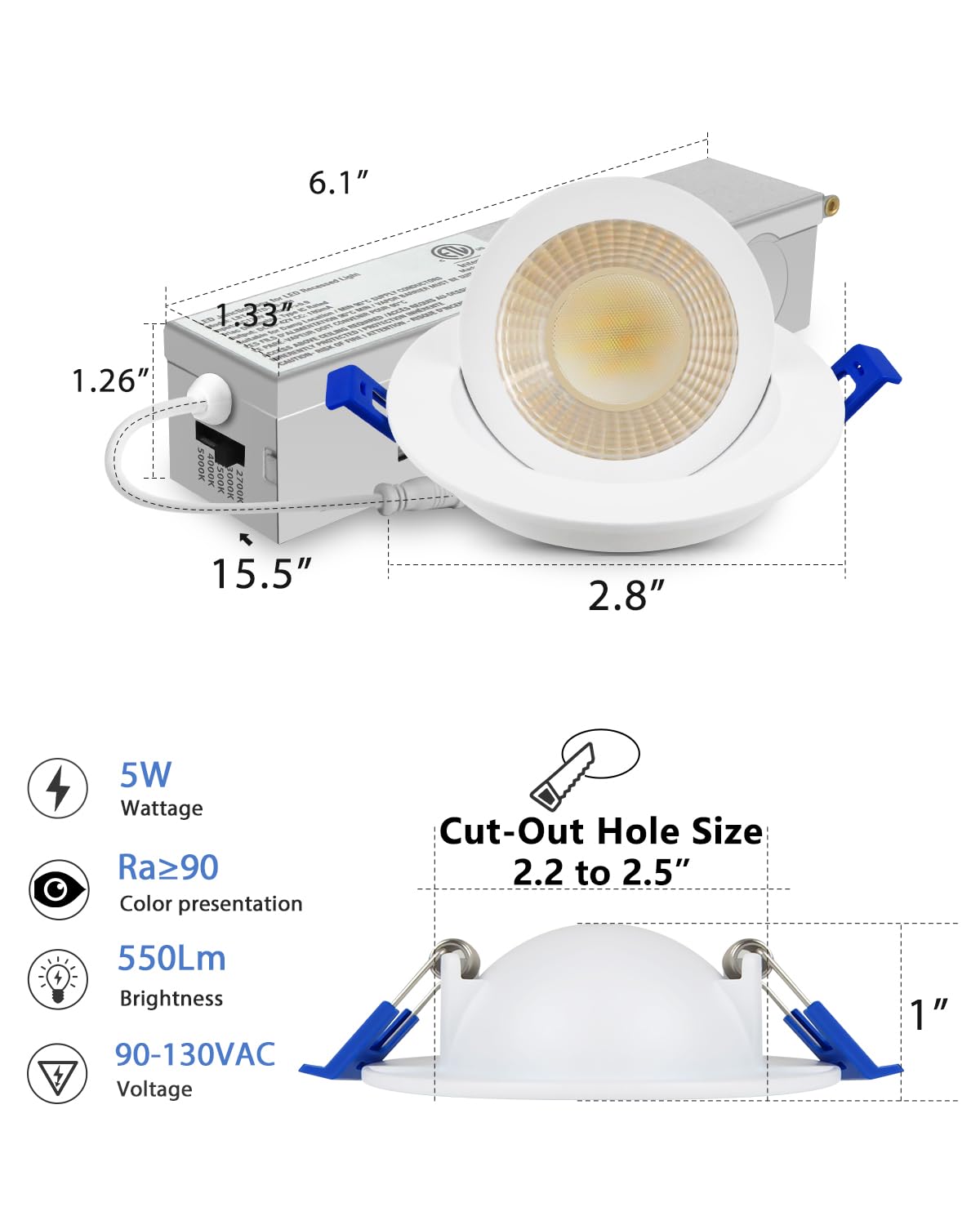Adetu 2 Inch Gimbal LED Recessed Lighting, 5CCT, 550LM, 12 Pack, Adjustable, White - Model 867b2e65